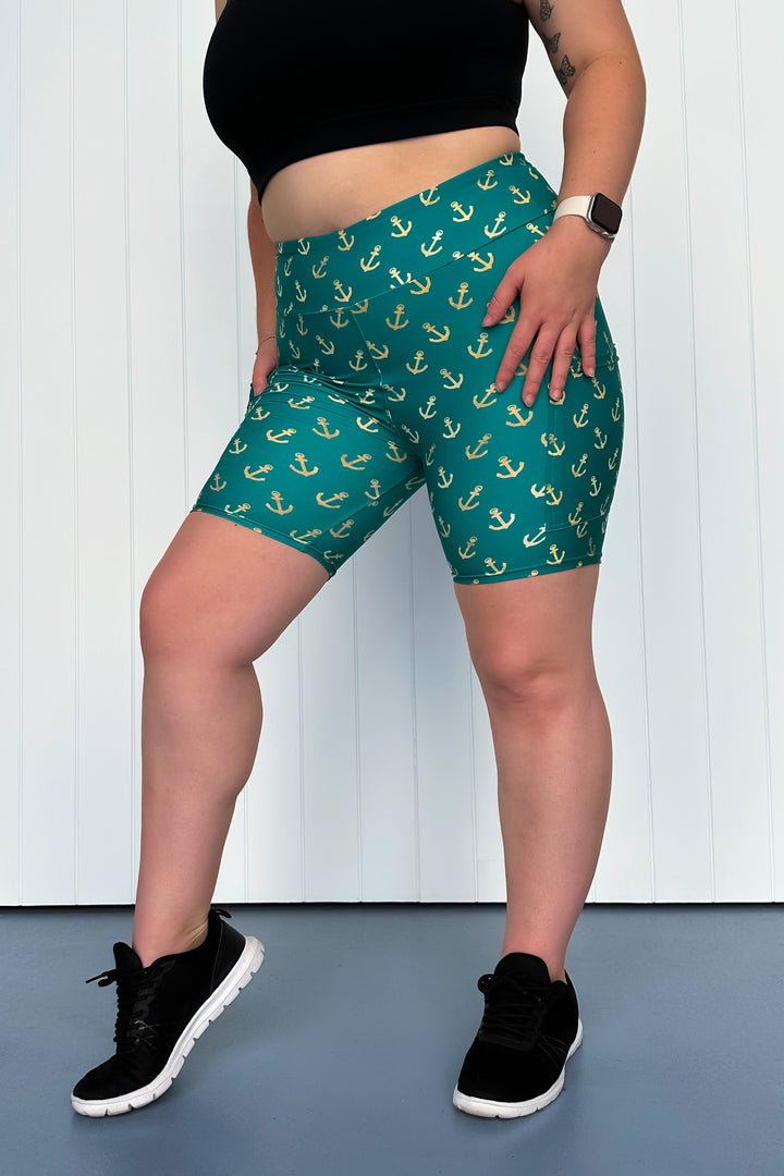 Teal & Gold Anchor Charm - Casual - Mid Shorts - Pockets