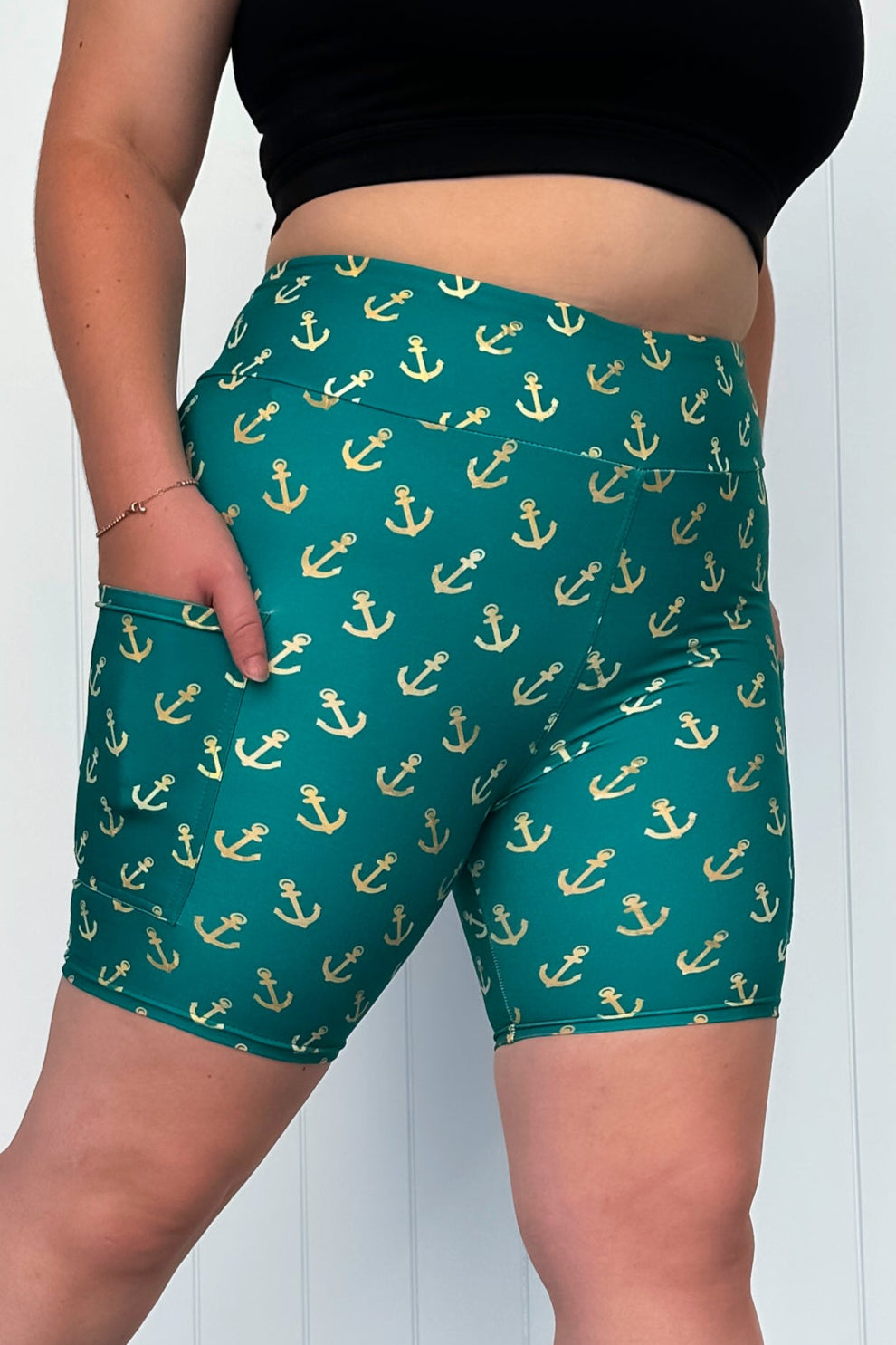 Teal & Gold Anchor Charm - Casual - Mid Shorts - Pockets