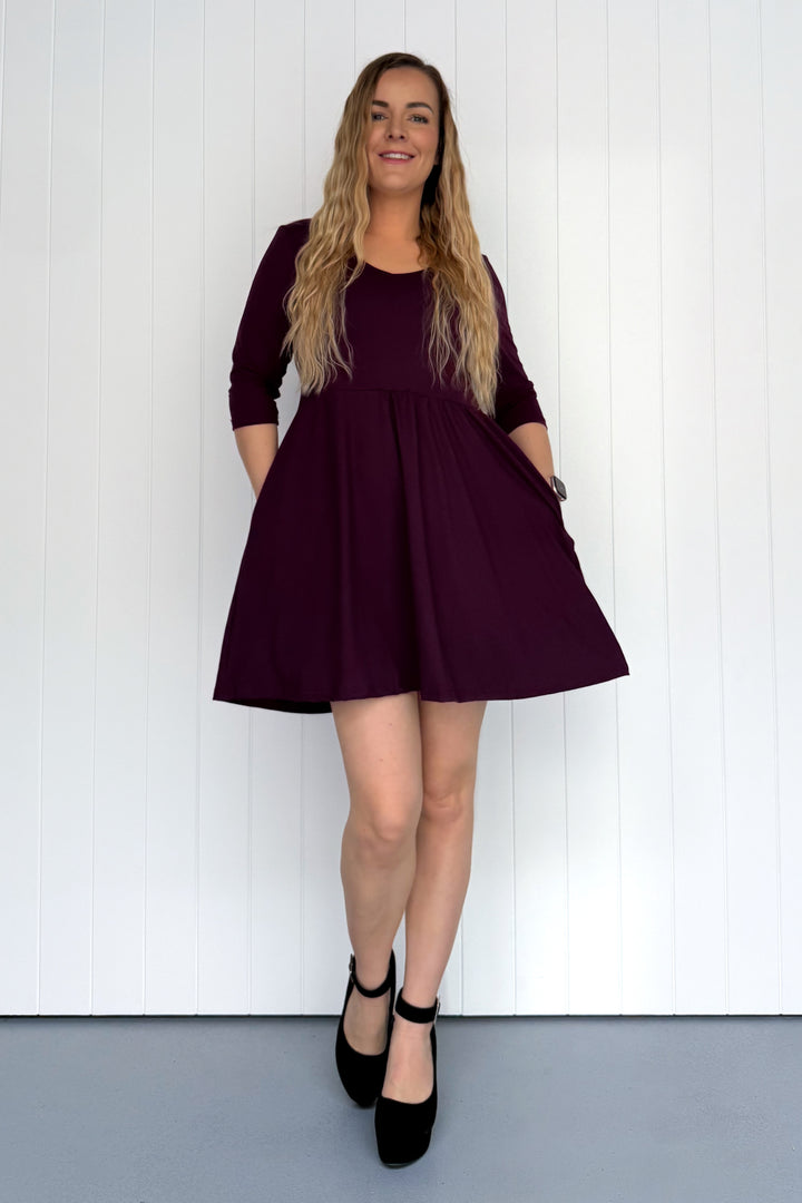 Plum - 3/4 Sleeve - Mini Dress - Pockets