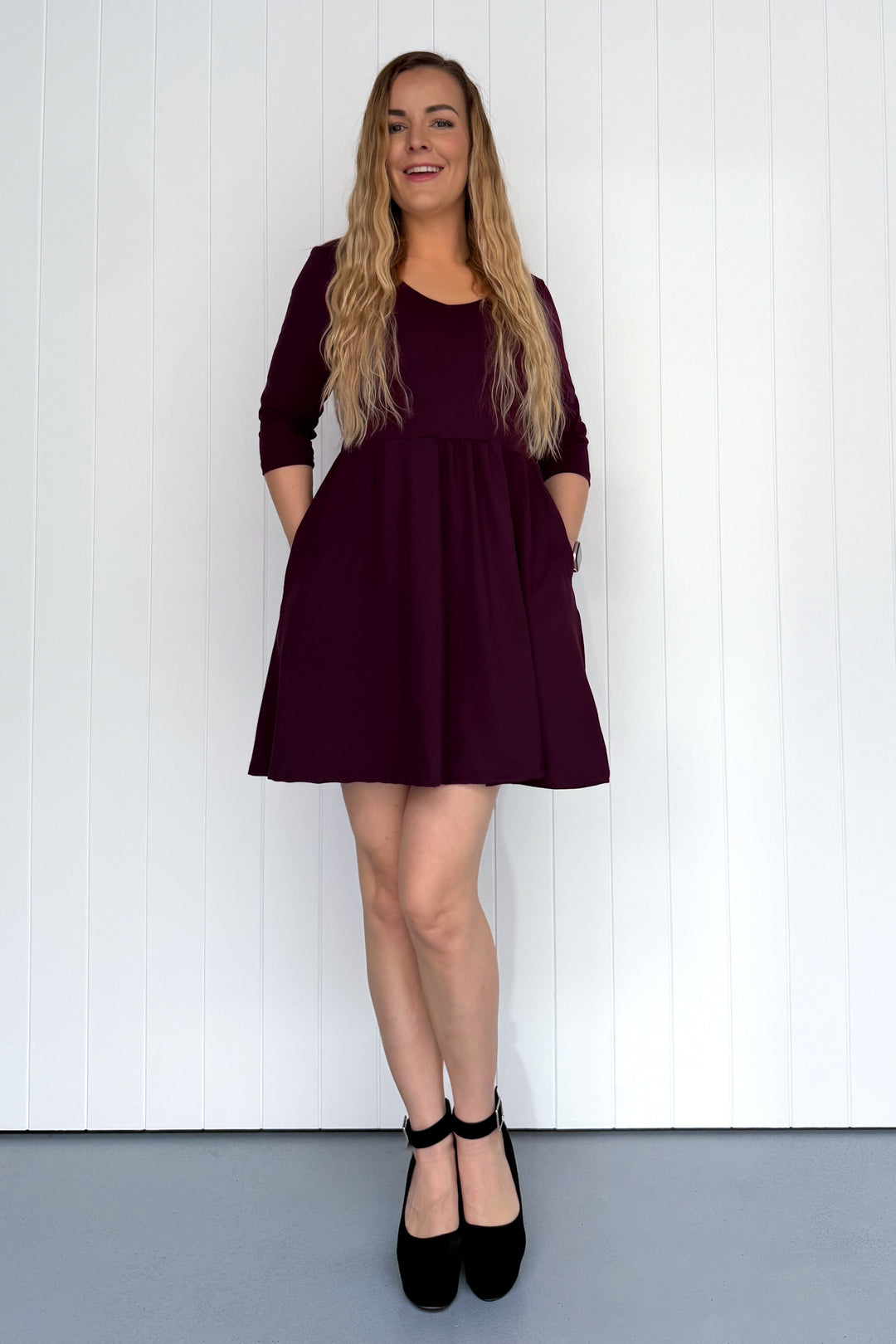 Plum - 3/4 Sleeve - Mini Dress - Pockets