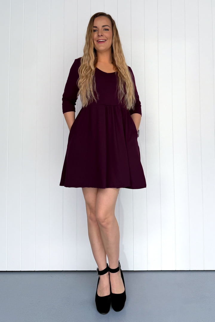 Plum - 3/4 Sleeve - Mini Dress - Pockets