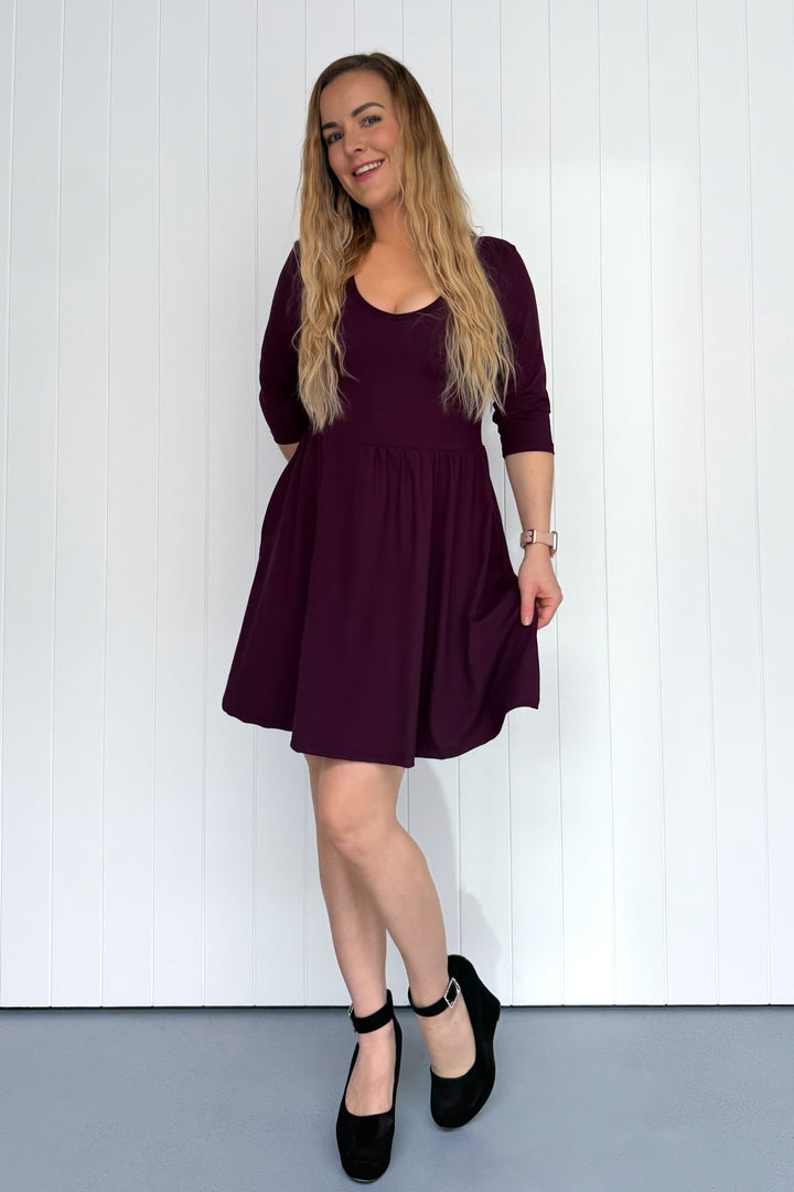 Plum - 3/4 Sleeve - Mini Dress - Pockets