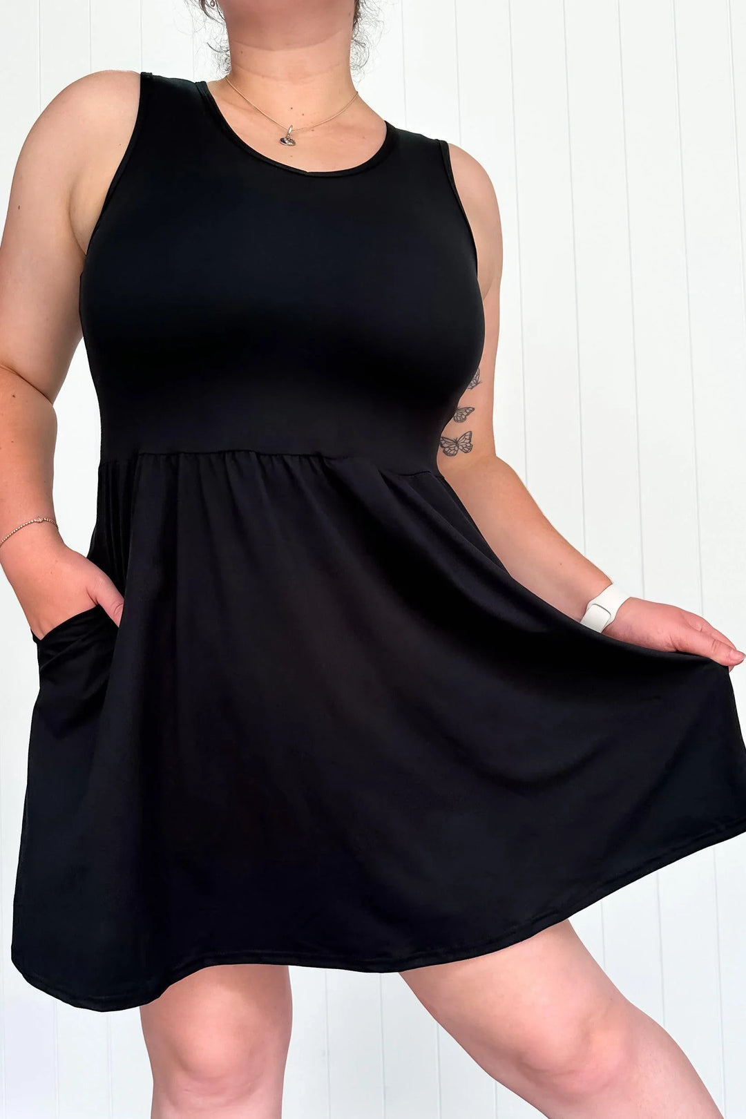 Little Black Sleeveless Dress – Mini Length with Pockets – Pawlie
