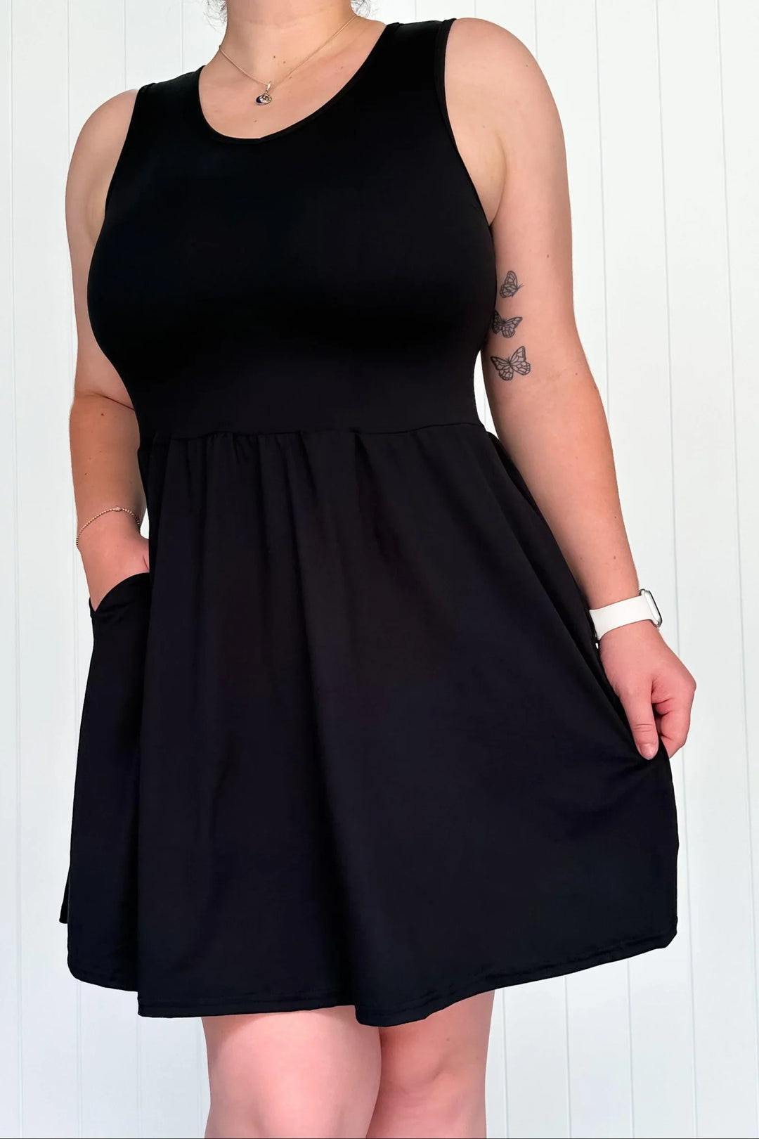 Little Black Sleeveless Dress – Mini Length with Pockets – Pawlie