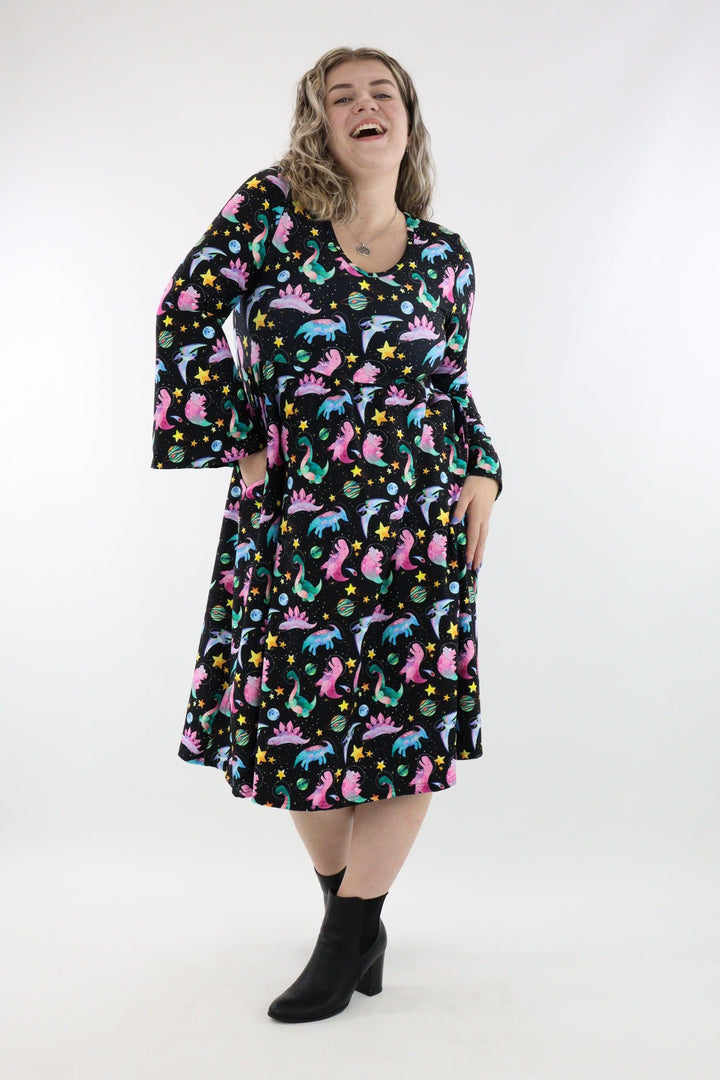 Space Dinosaurs - Midi Length Dress - Bell Sleeve - Pockets - Pawlie