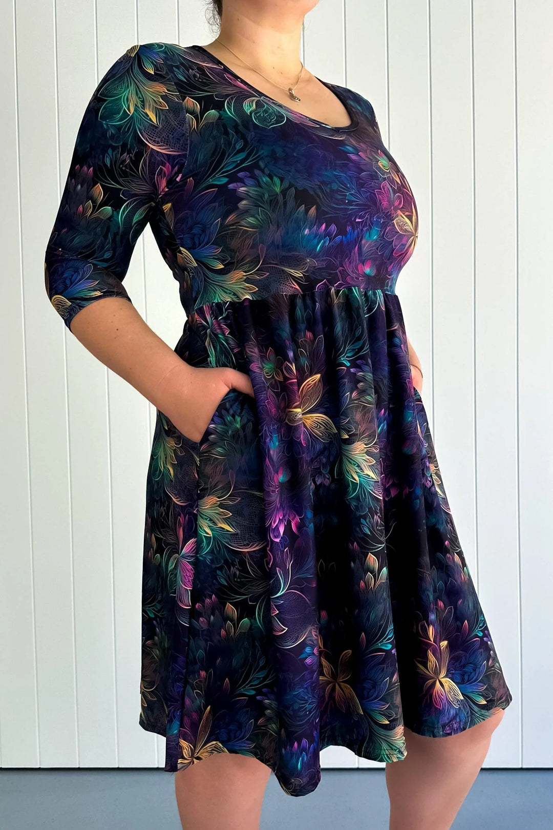 Spectral Garden - 3/4 Sleeve Skater Dress - Knee Length - Pockets Pawlie Spectral Garden - 3/4 Sleeve Skater Dress - Knee Length - Pockets Pawlie