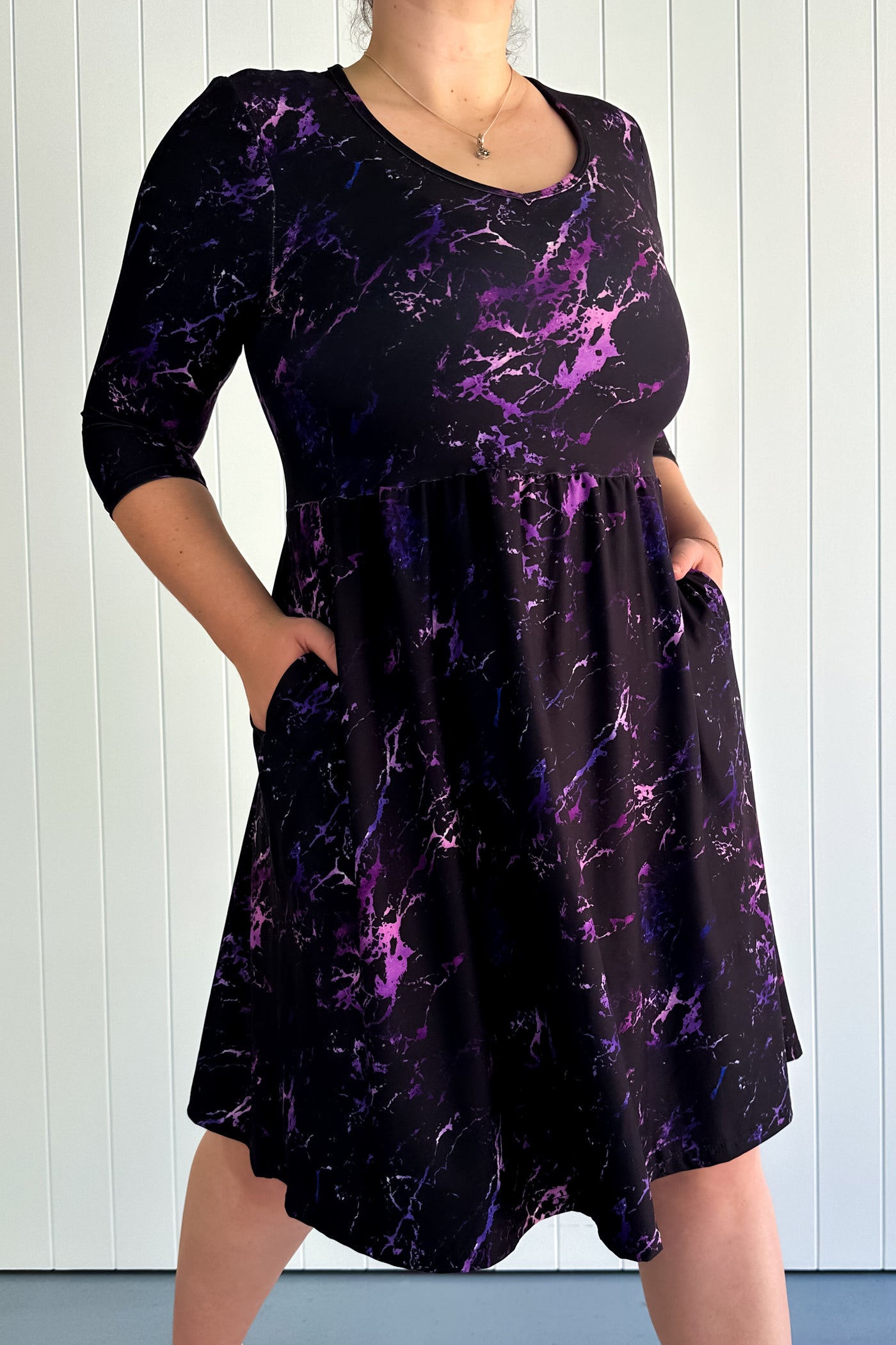 Purple Marble - 3/4 Sleeve Skater Dress - Knee Length - Pockets