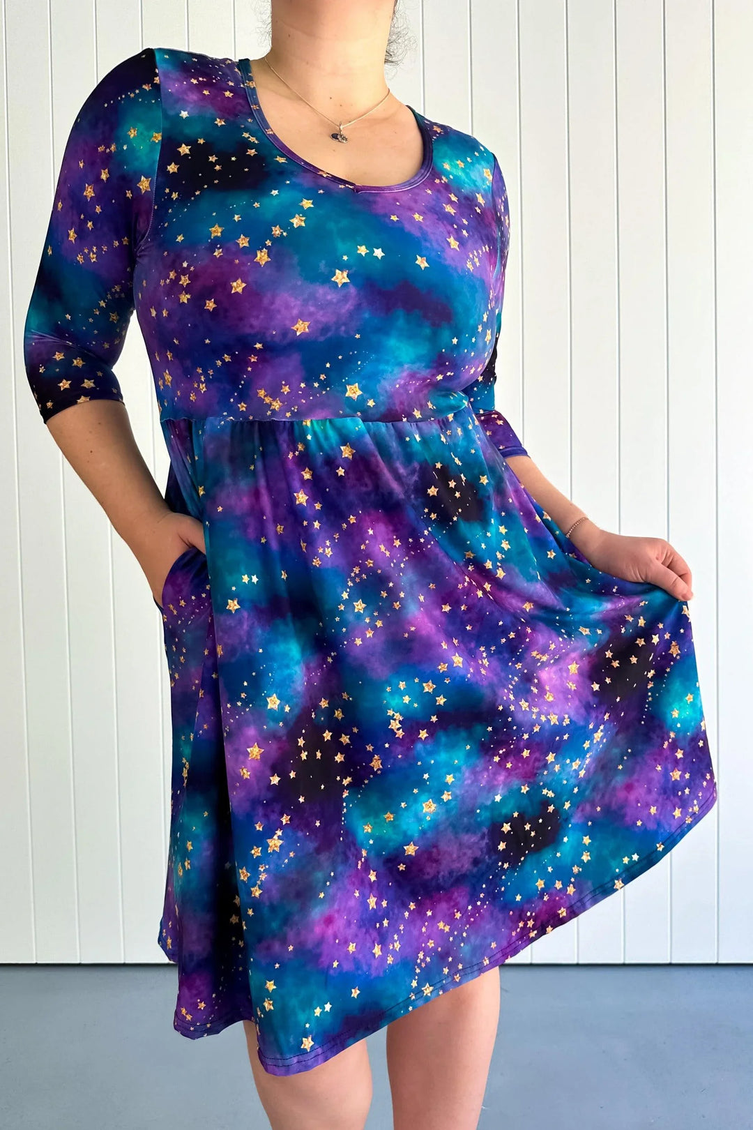 Universe Shimmer - 3/4 Sleeve Skater Dress - Knee Length - Pockets Pawlie Universe Shimmer - 3/4 Sleeve Skater Dress - Knee Length - Pockets Pawlie