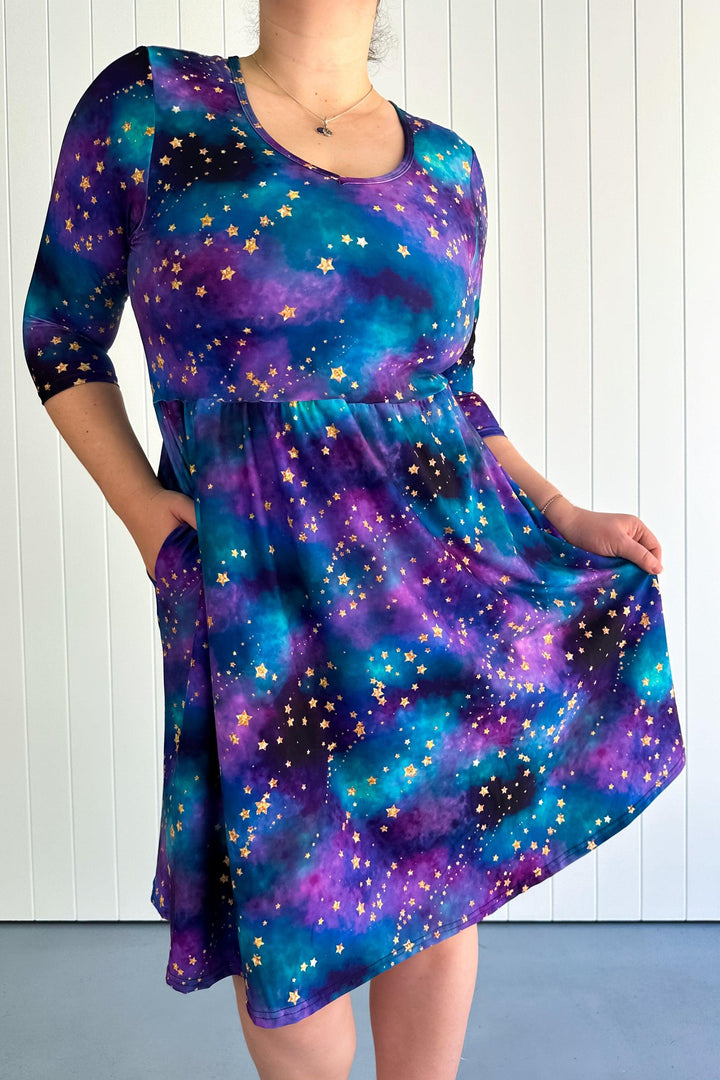 Universe Shimmer - 3/4 Sleeve Skater Dress - Knee Length - Pockets