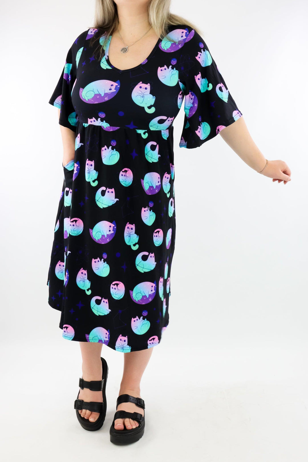 Celestial Cat - Midi Length Dress - Mid Sleeve - Pockets