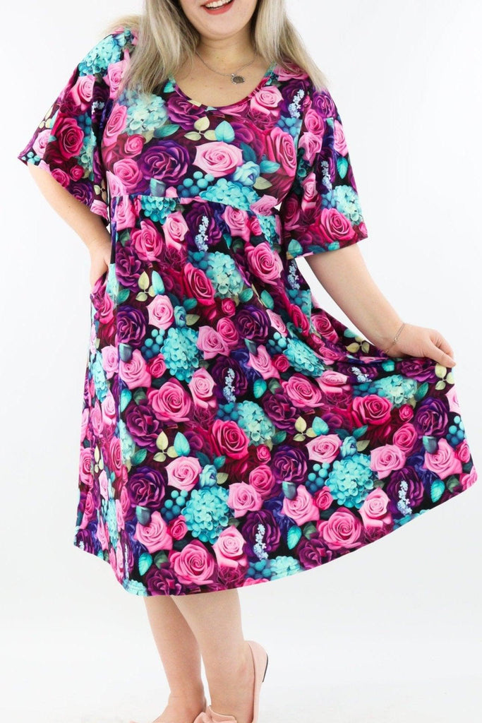 Premium Rose Midi Length Dress Mid Sleeve Pockets