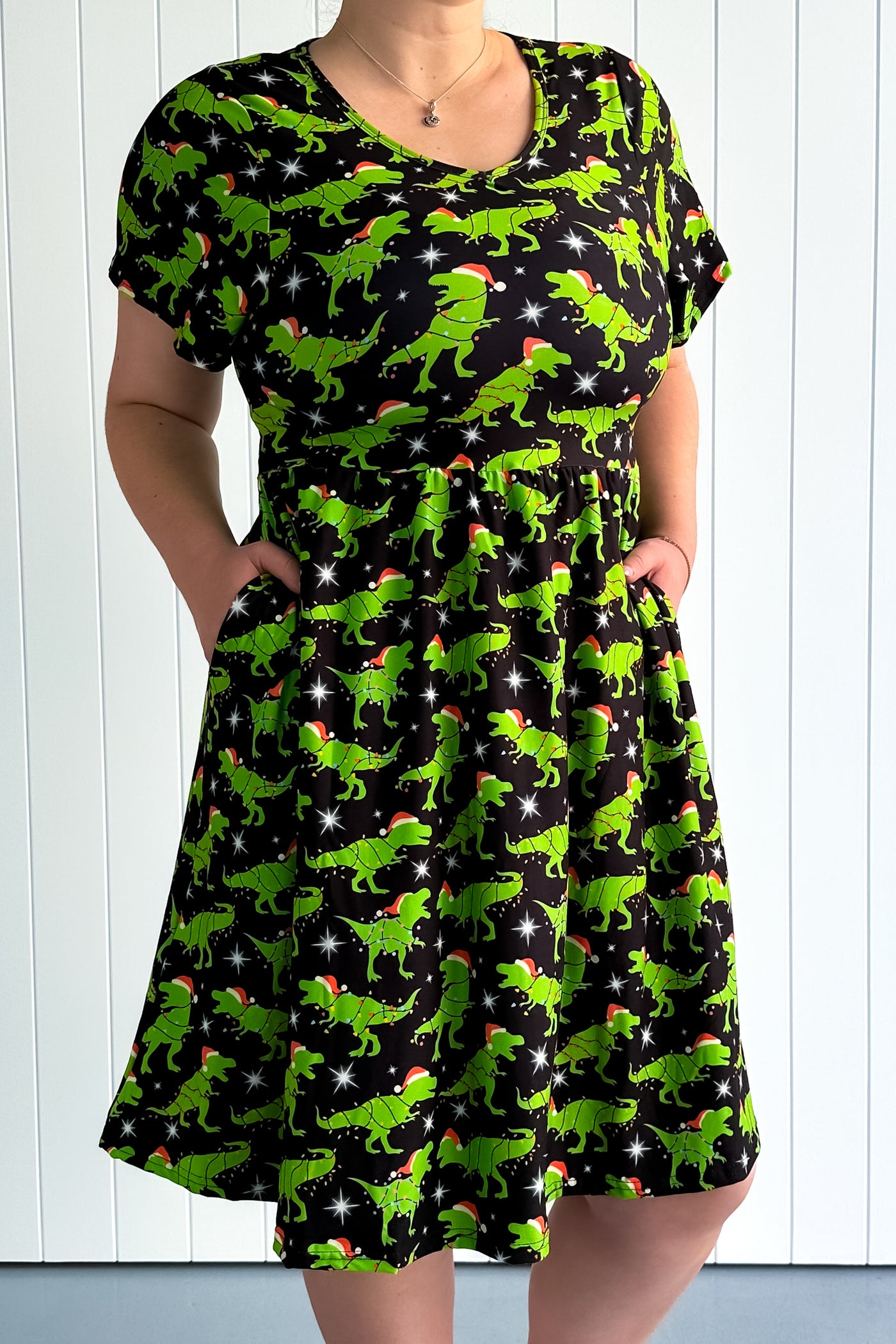 Christmas Dinosaur - Flutter Sleeve Skater Dress - Knee Length - Pockets