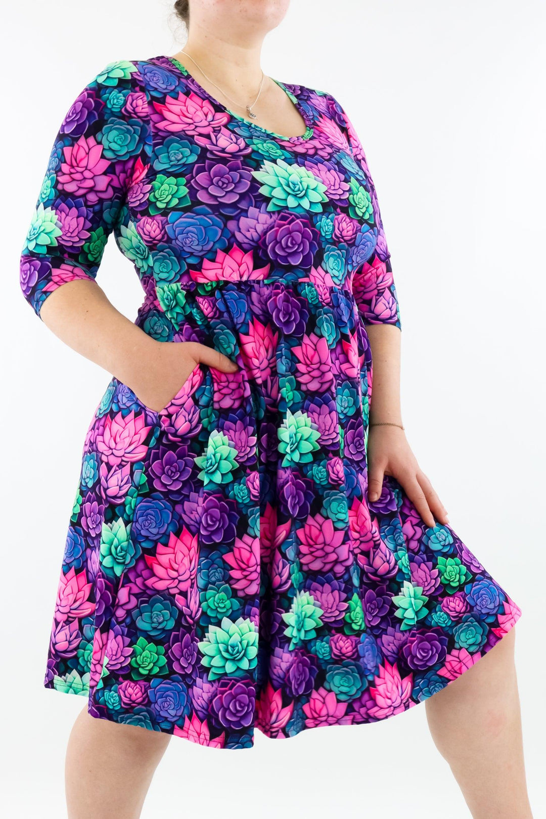 Succulents - 3/4 Sleeve Skater Dress - Knee Length - Pockets