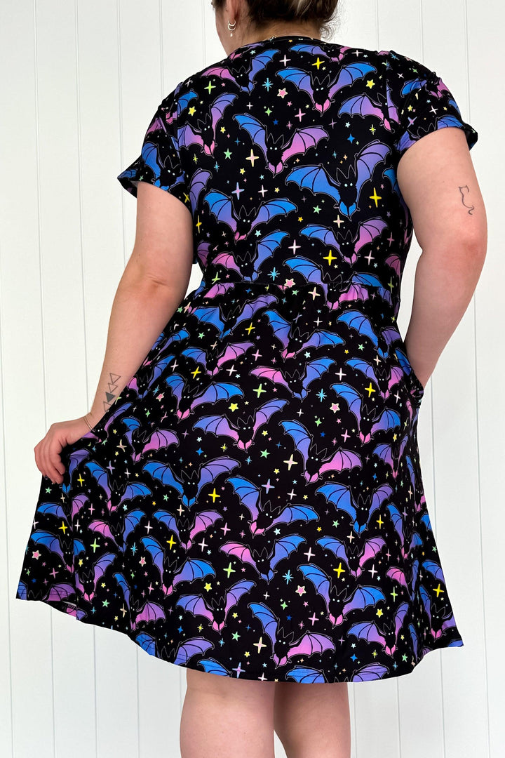 Going Batty - Flutter Sleeve Skater Dress - Knee Length - Pockets