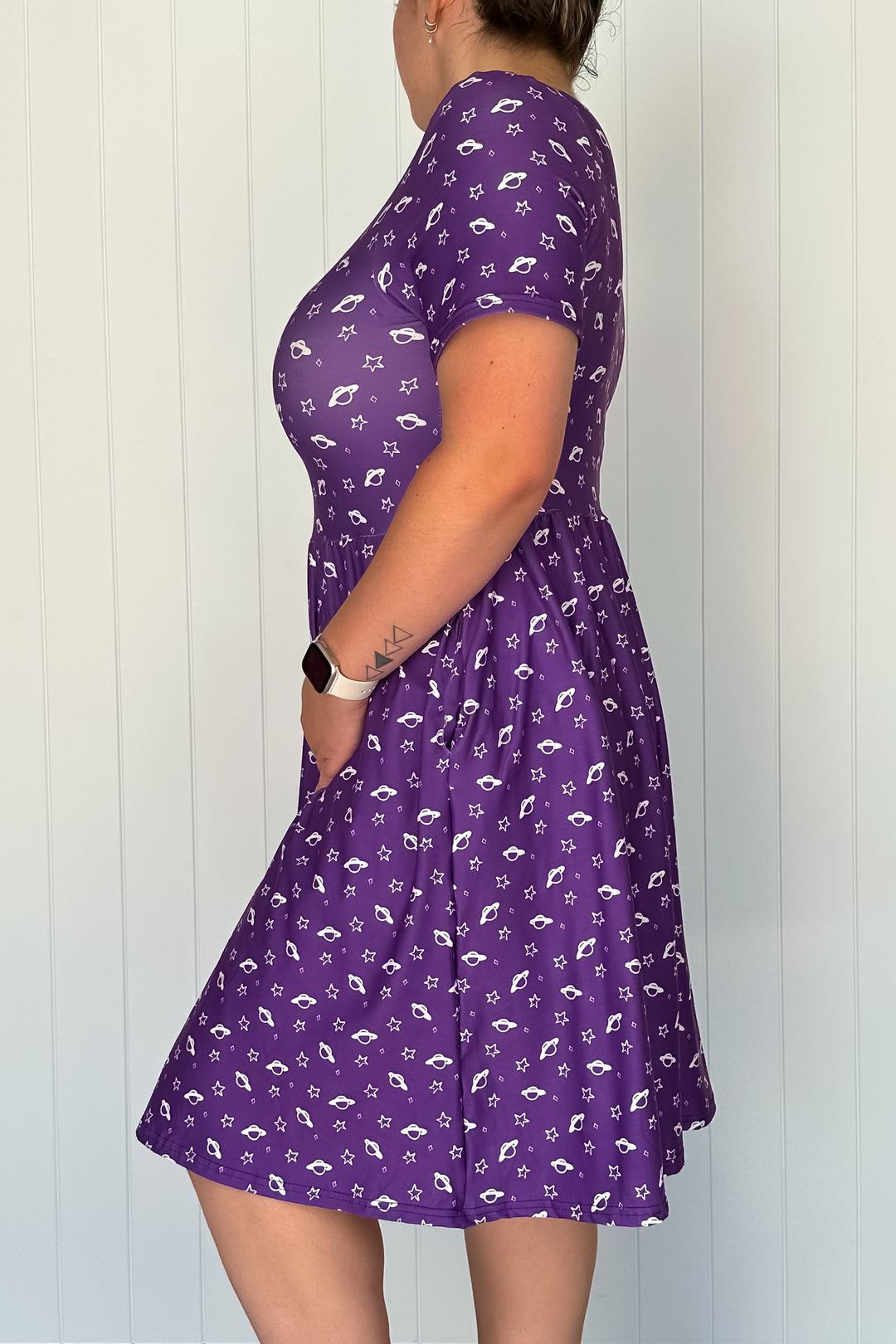 Purple Saturn - Knee Length Dress - Short Sleeve - Pockets