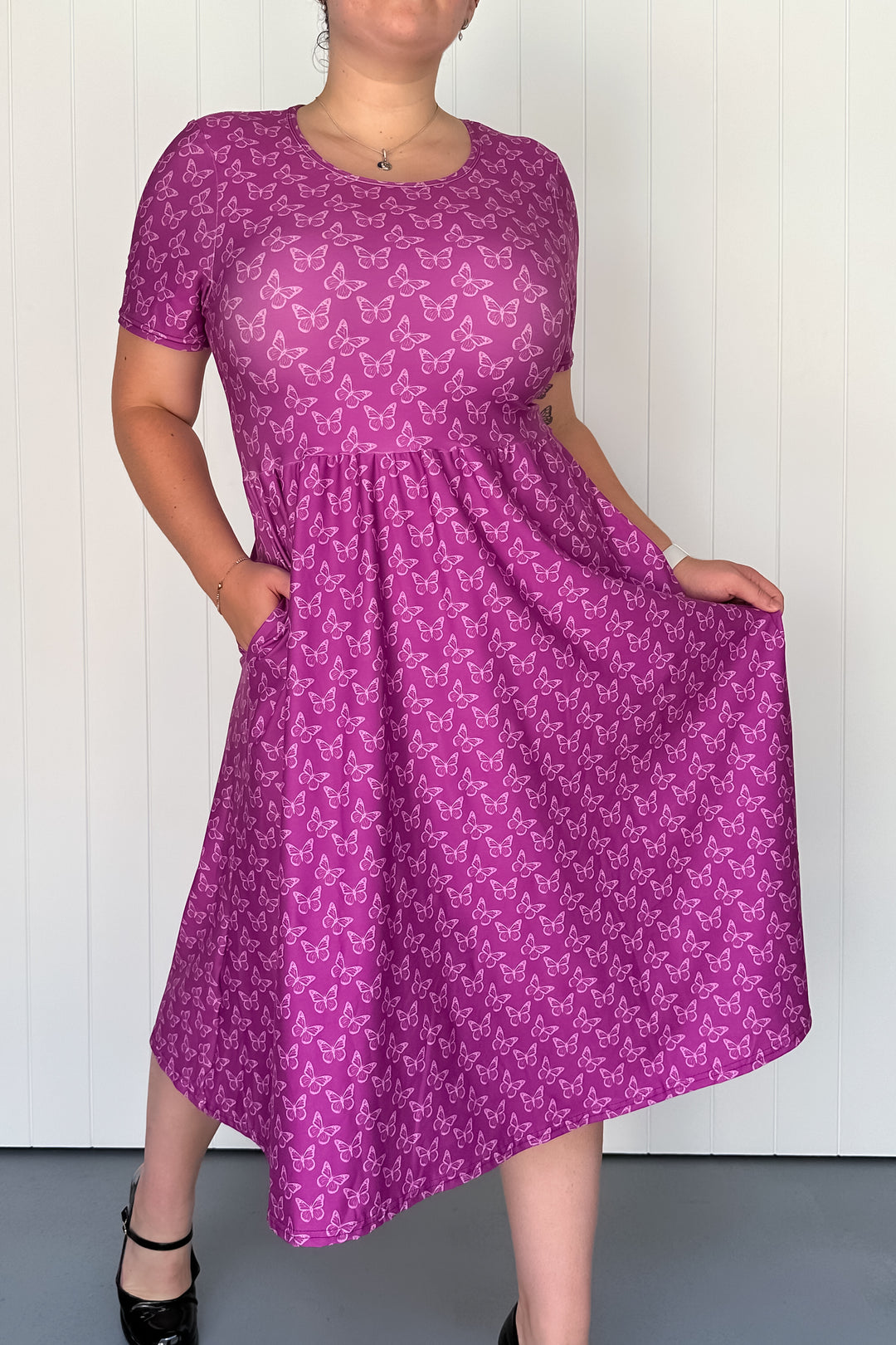 Rich Purple Butterflies - Midi Dress - Short Sleeve - Pockets