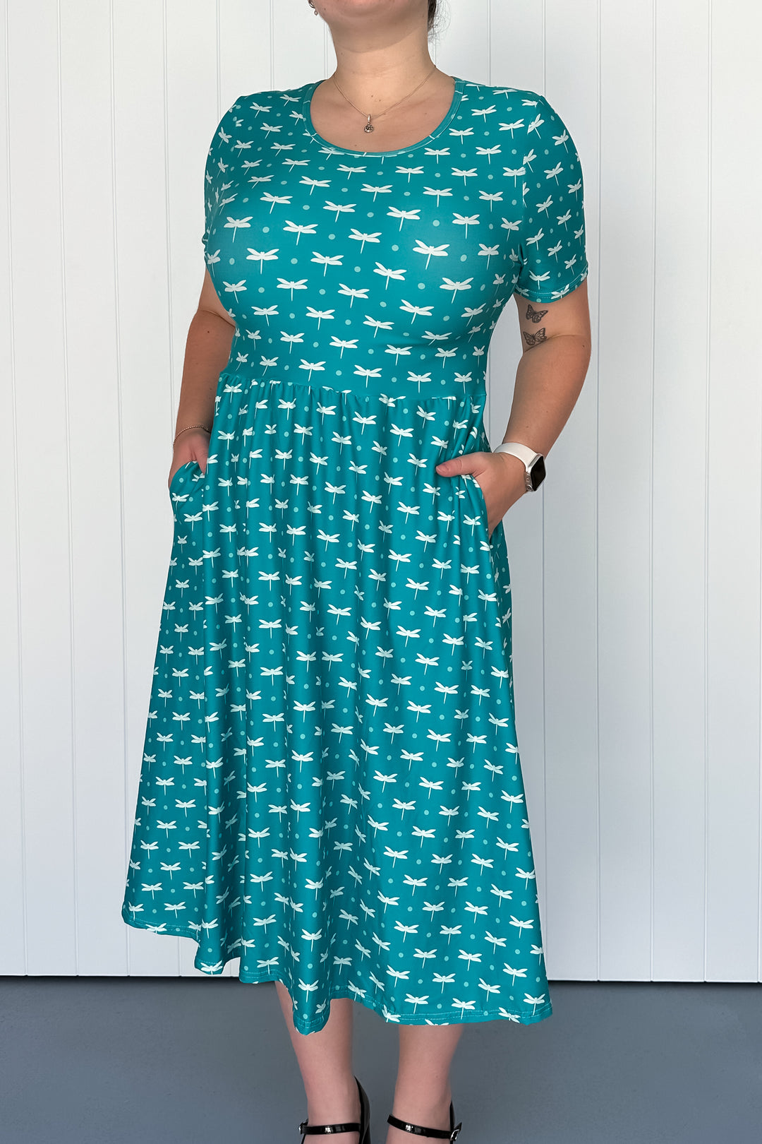 Teal Dragonfly - Midi Dress - Short Sleeve - Pockets