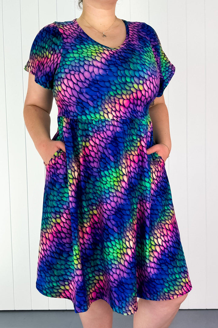 Rainbow Dragon - Flutter Sleeve Skater Dress - Knee Length - Pockets