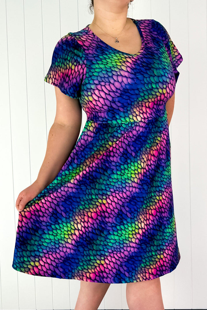 Rainbow Dragon - Flutter Sleeve Skater Dress - Knee Length - Pockets