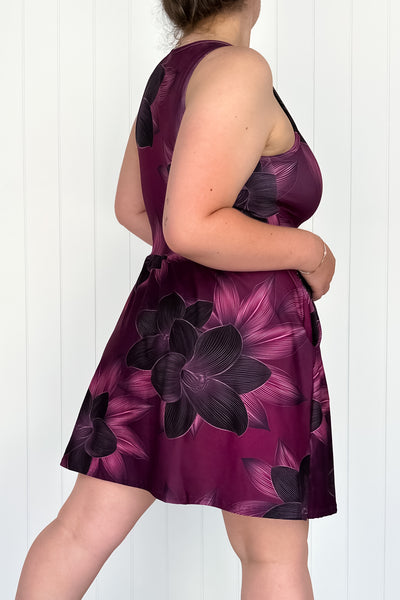 Burgundy Flower - Sleeveless Mini Dress - Pockets