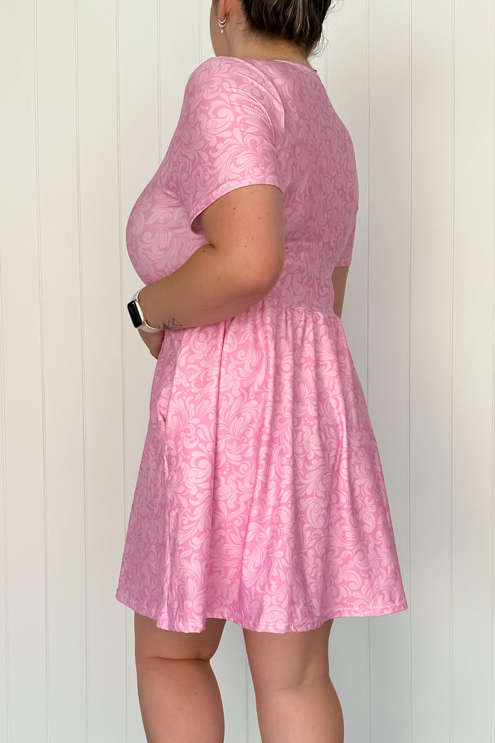 Pink Damask - Mini Dress - Short Sleeve - Pockets