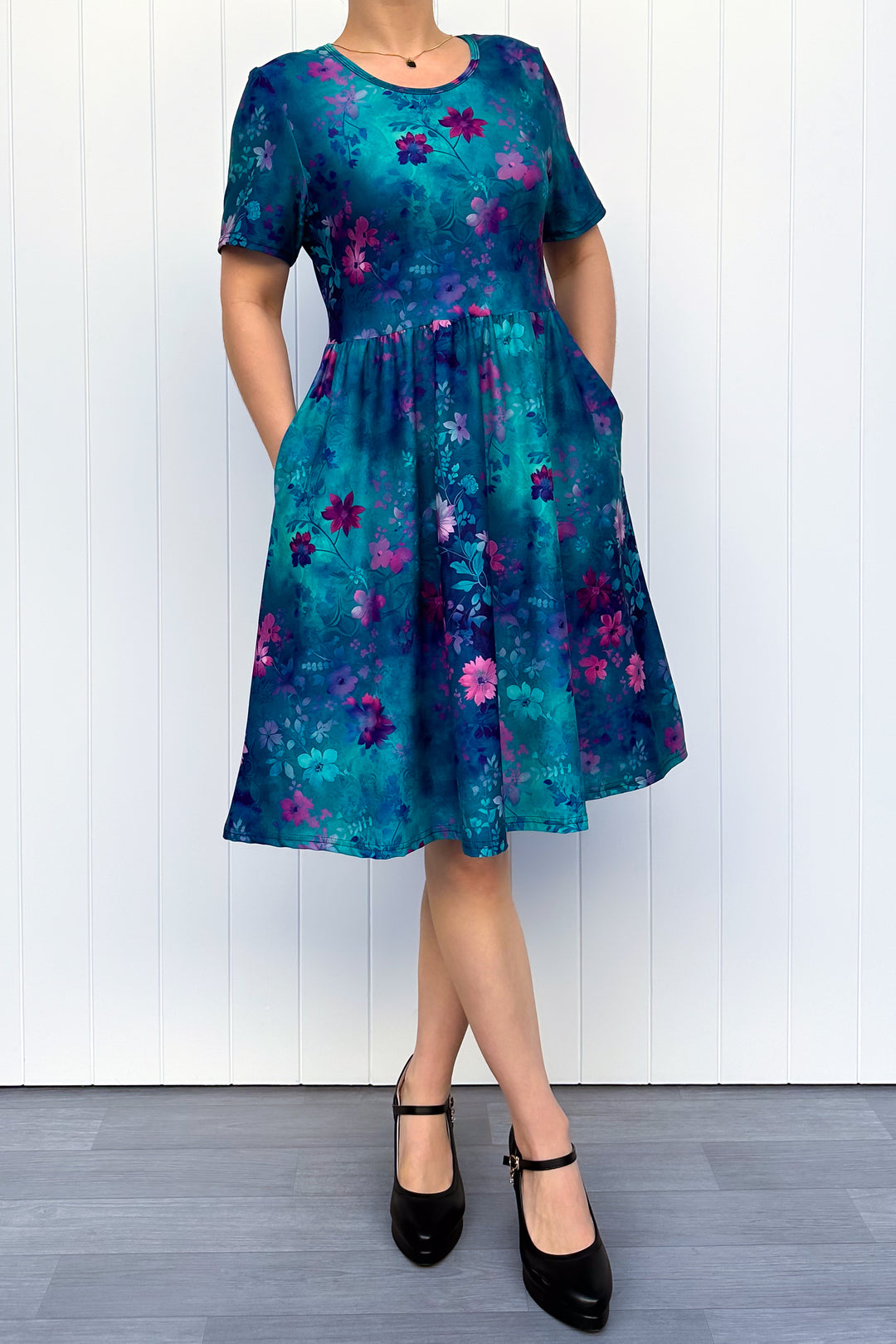 knee length dresses floral Ethereal Bloom Knee Dress - Floral Comfort With Pockets