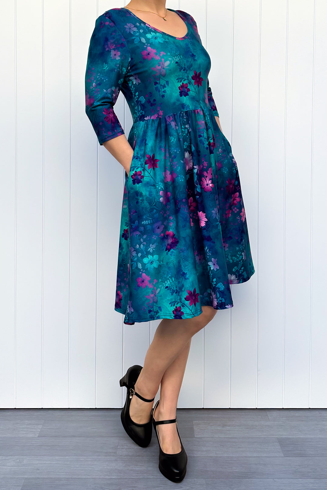 Ethereal Bloom - Knee Length Dress - 3/4 Sleeve - Pockets