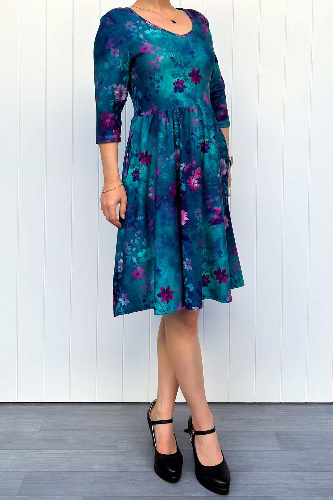 Ethereal Bloom - Knee Length Dress - 3/4 Sleeve - Pockets