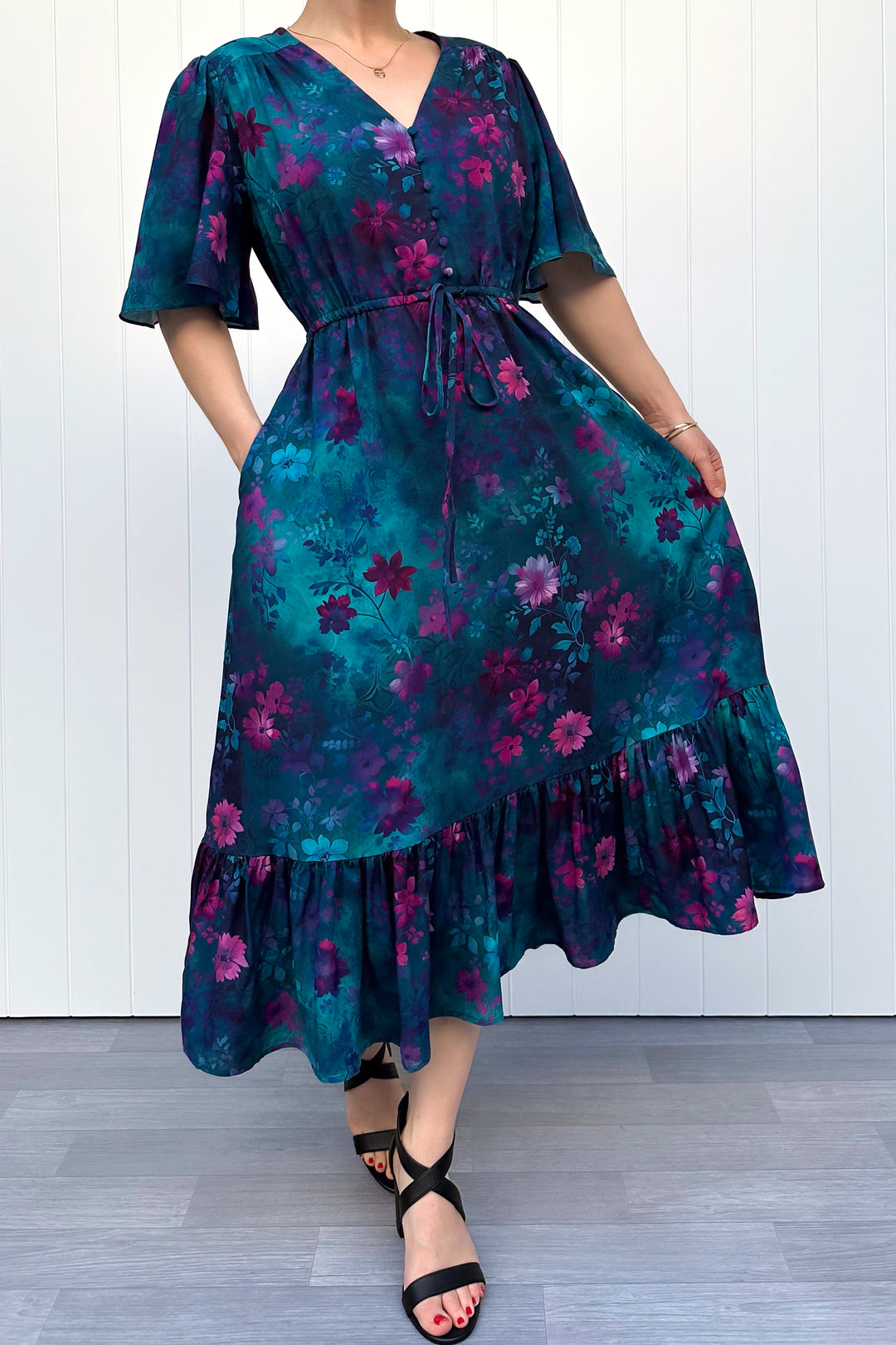 Peony Midi Dress - Ethereal Bloom - Pockets
