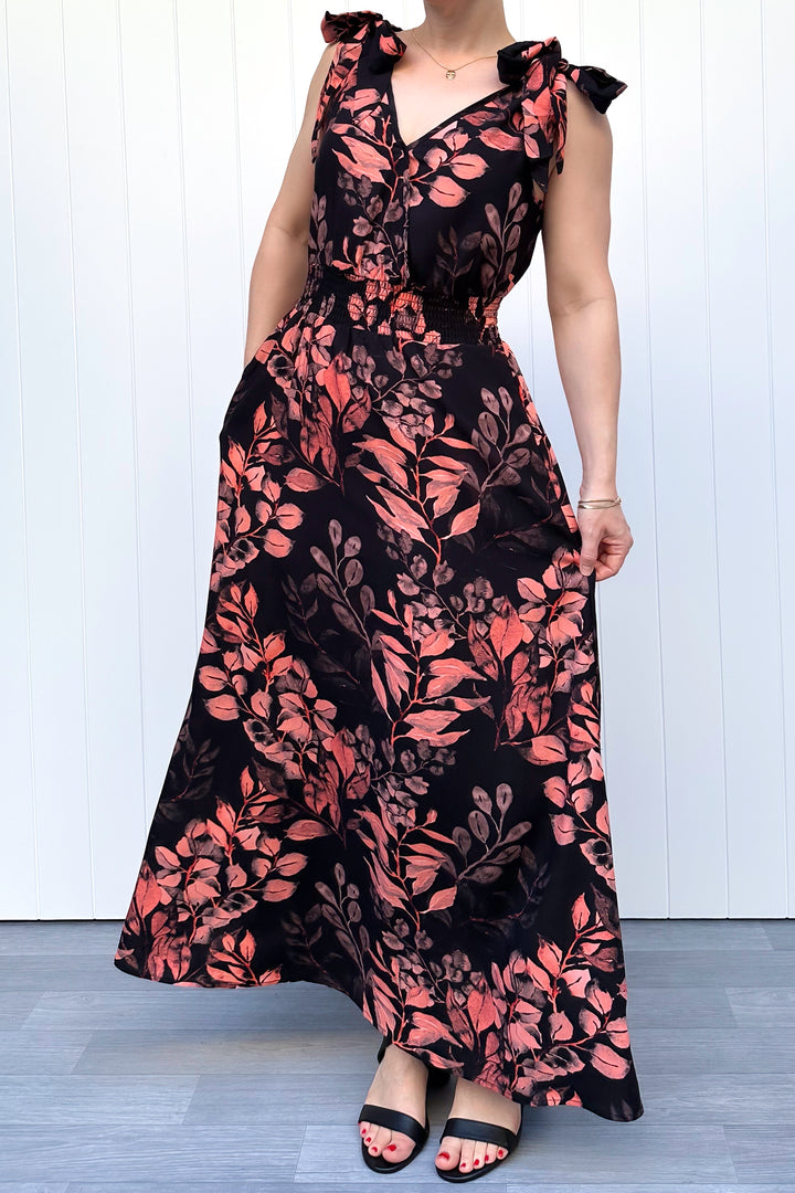 Azalea Maxi Dress - Vintage Watercolour Leaves - Pockets