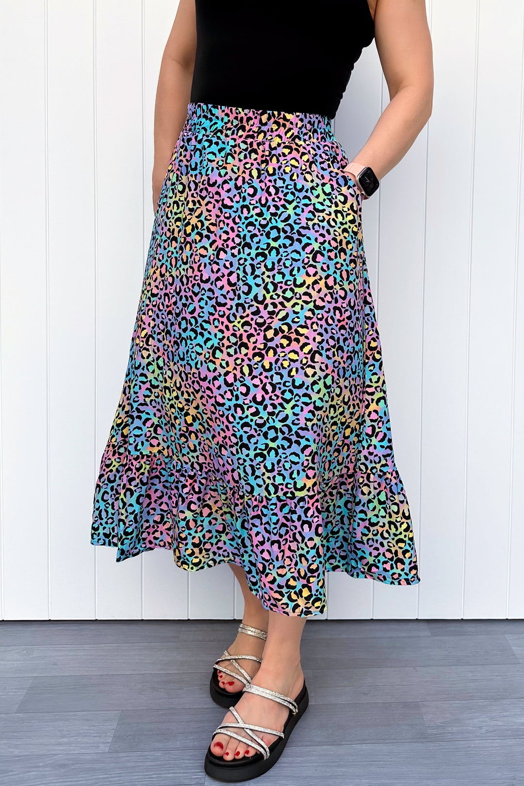 Zinnia Midi Skirt - Vivid Leopard - Pockets