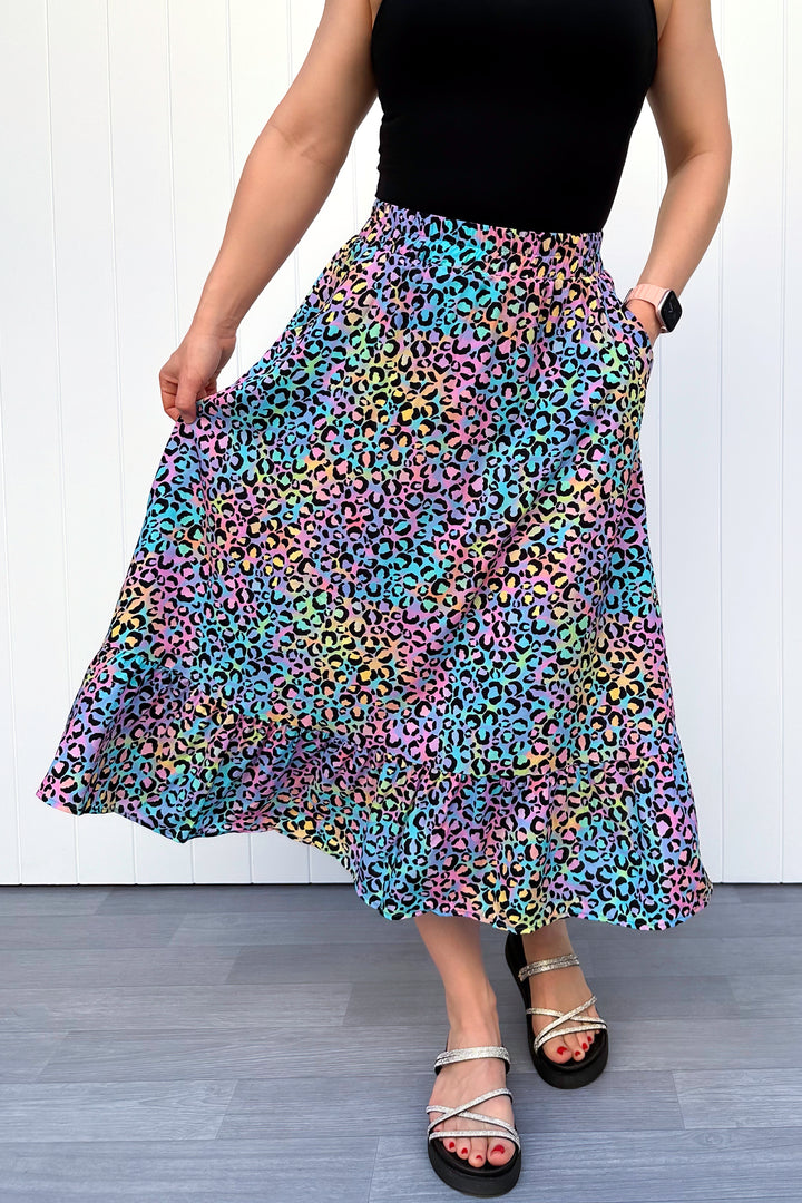 Zinnia Midi Skirt - Vivid Leopard - Pockets