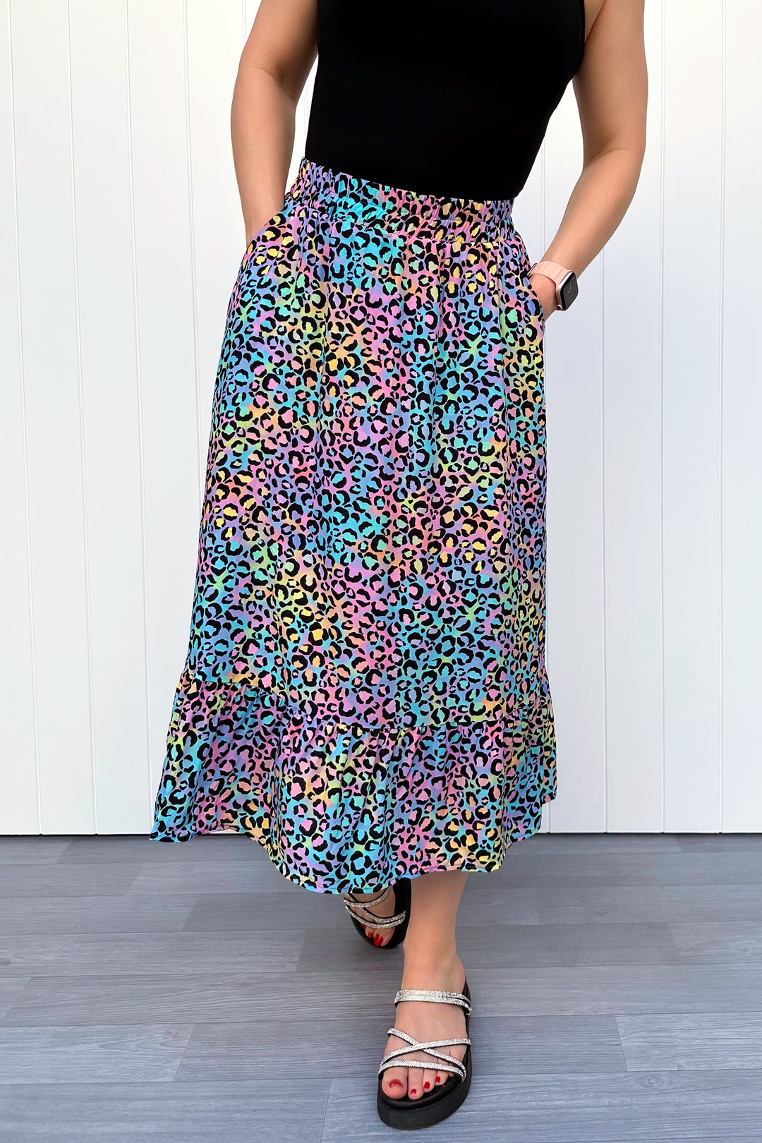 Zinnia Midi Skirt - Vivid Leopard - Pockets