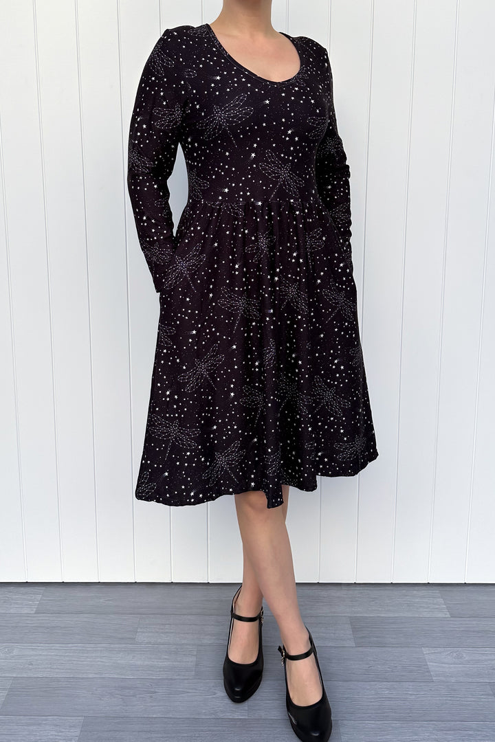 Dragonfly Sky - Knee Dress - Long Sleeve - Pockets