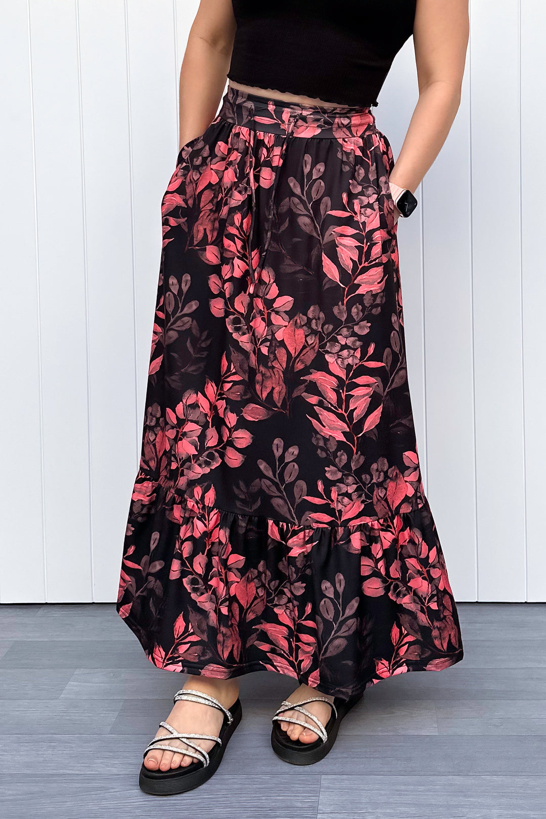 Selene Maxi Skirt - Vintage Watercolour Leaves - Pockets