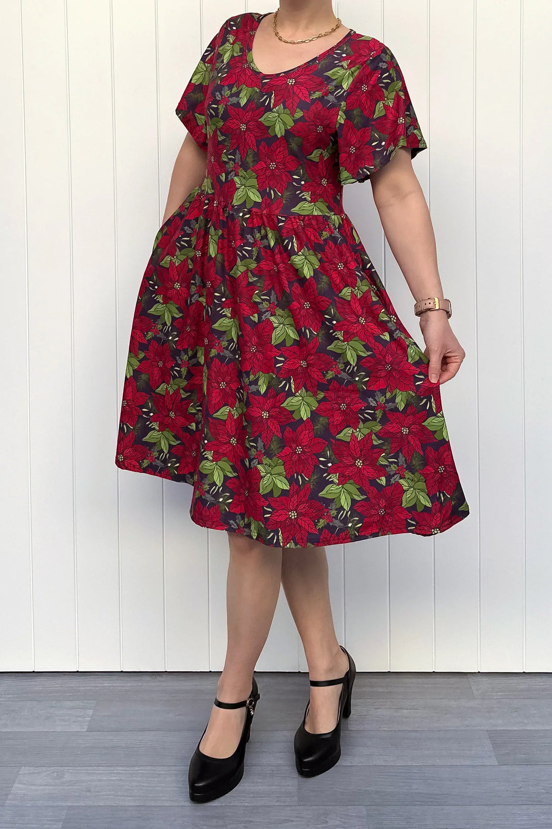 Christmas Poinsettias Knee Dress