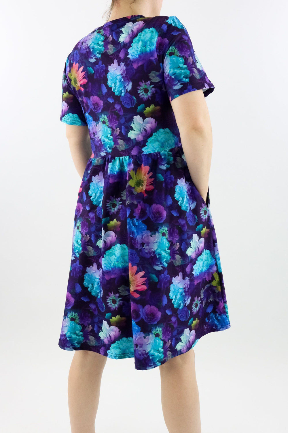 Tranquility Flora - Short Sleeve Skater Dress - Knee Length - Side Pockets Knee Length Skater Dress Pawlie   