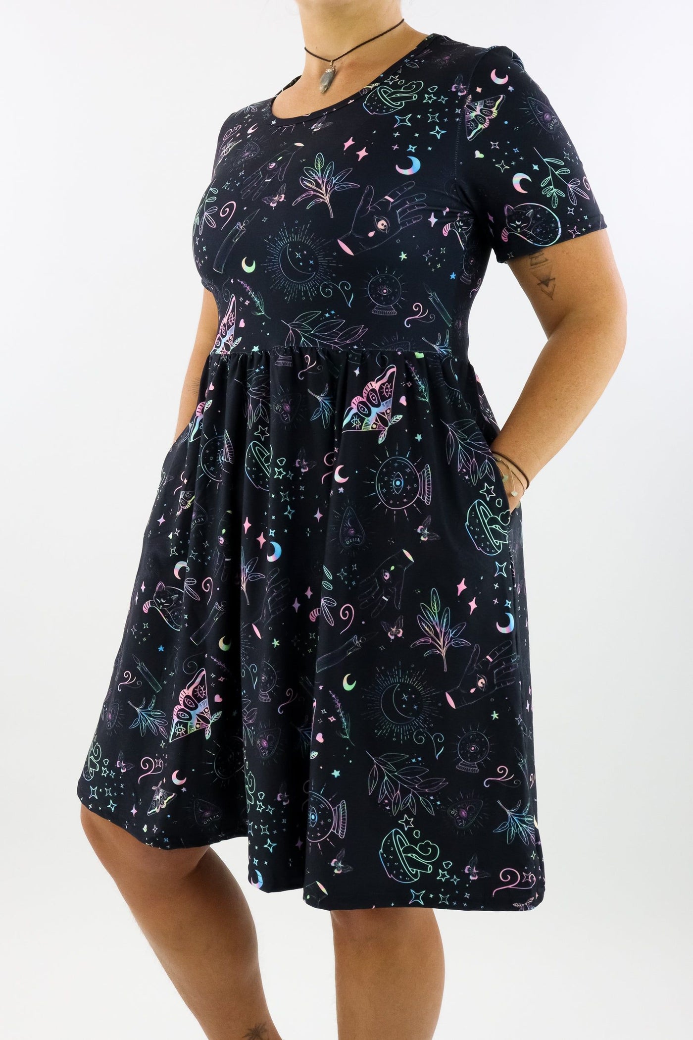 Holographic Witch - Short Sleeve Skater Dress - Knee Length - Side Pockets Knee Length Skater Dress Pawlie   
