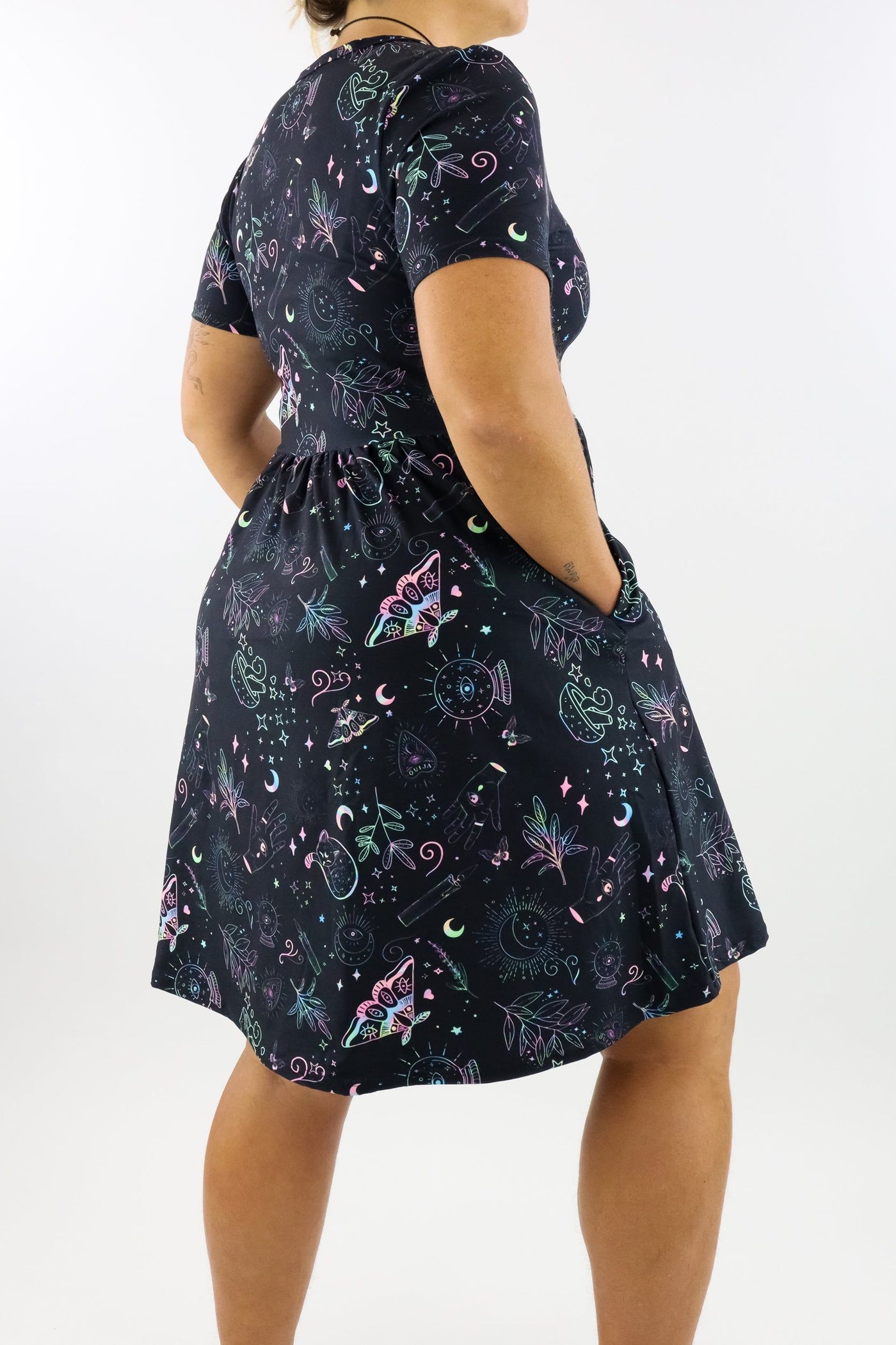 Holographic Witch - Short Sleeve Skater Dress - Knee Length - Side Pockets Knee Length Skater Dress Pawlie   