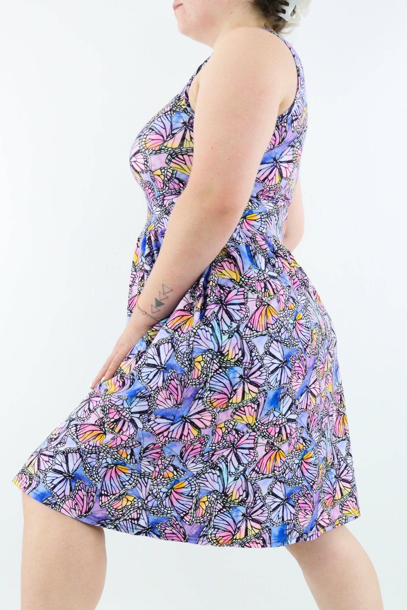 Watercolour Butterfly - Sleeveless Skater Dress - Knee Length - Side Pockets