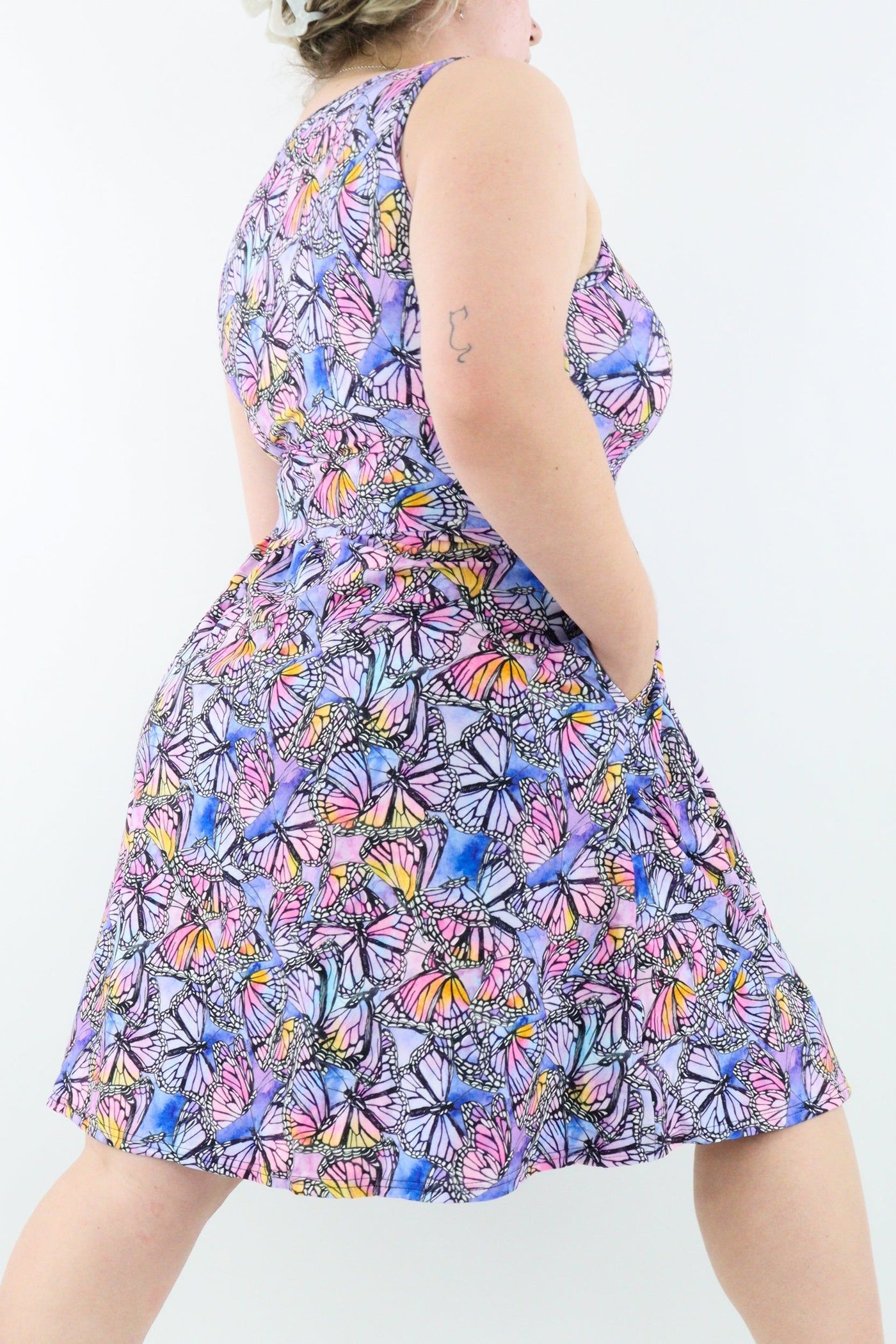 Watercolour Butterfly - Sleeveless Skater Dress - Knee Length - Side Pockets