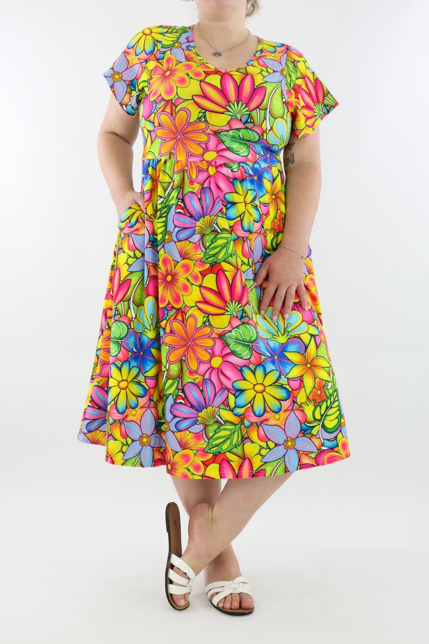 Tutti Frutti Flower - A-Line Dress - Midi Length - Side Pockets - Pawlie
