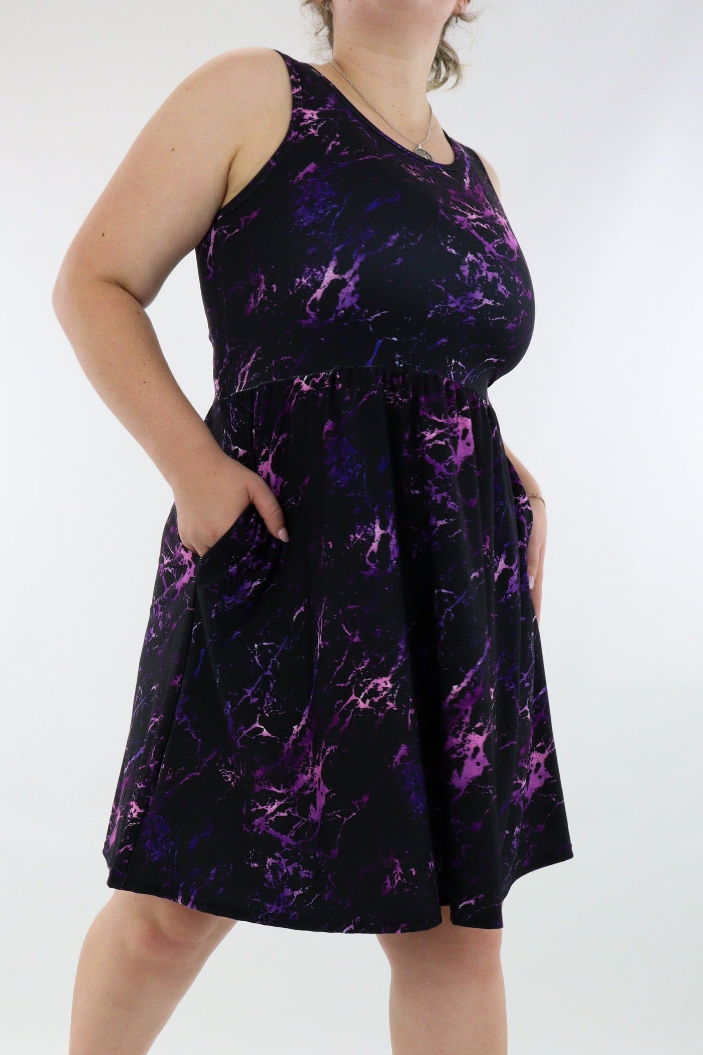 Purple Marble - Sleeveless Skater Dress - Knee Length - Side Pockets - Pawlie