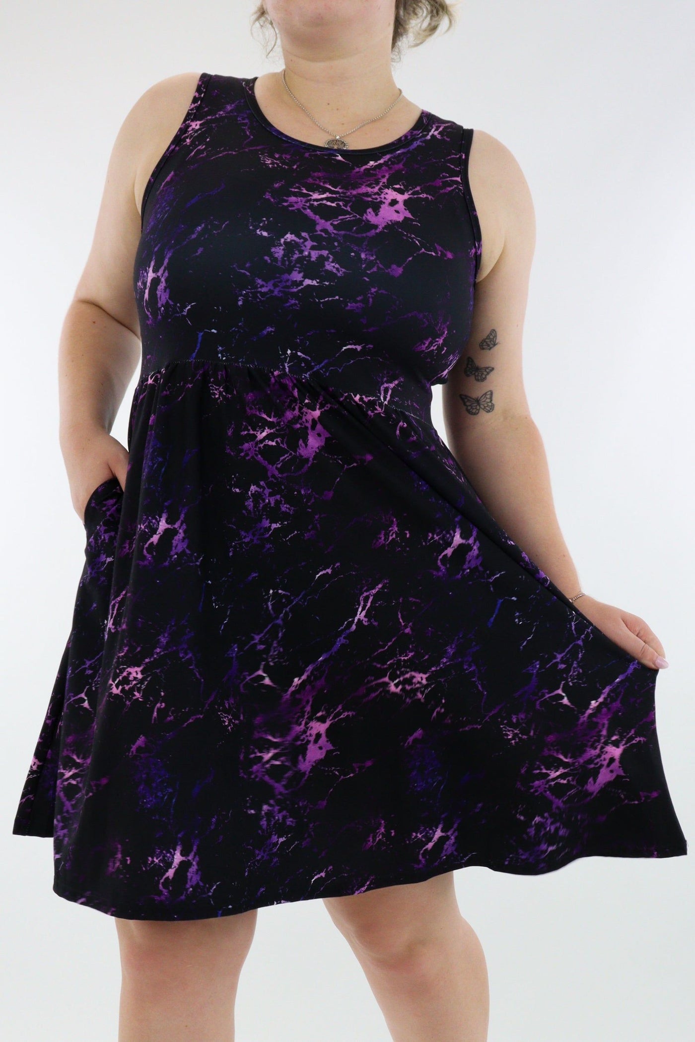 Purple Marble - Sleeveless Skater Dress - Knee Length - Side Pockets - Pawlie