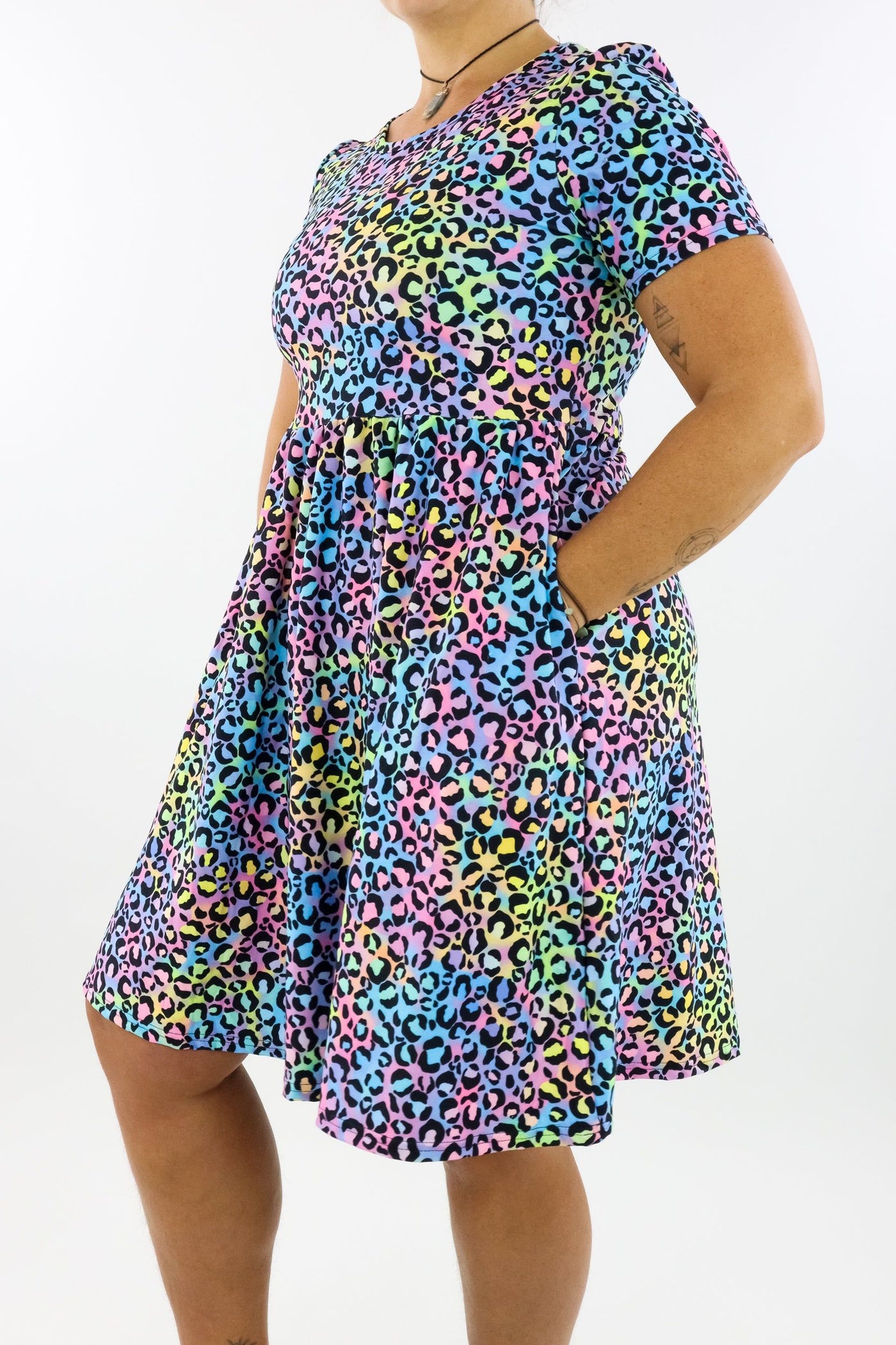 Vivid Leopard - Short Sleeve Skater Dress - Knee Length - Side Pockets Knee Length Skater Dress Pawlie   