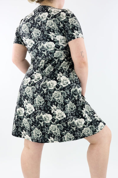 Vintage Rose - Short Sleeve Skater Dress - Knee Length - Side Pockets Knee Length Skater Dress Pawlie   