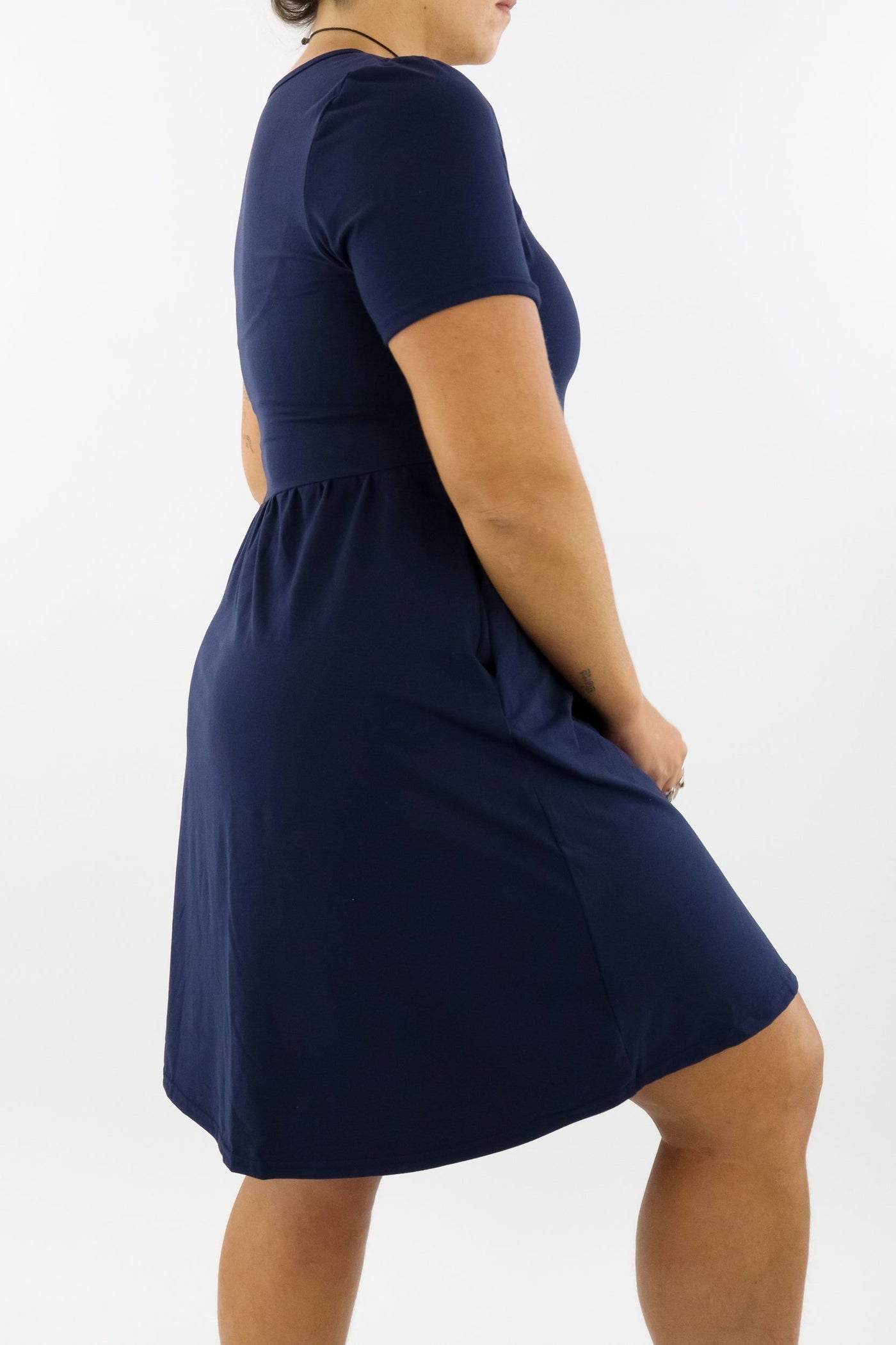 Navy - Short Sleeve Skater Dress - Knee Length - Side Pockets Knee Length Skater Dress Pawlie   