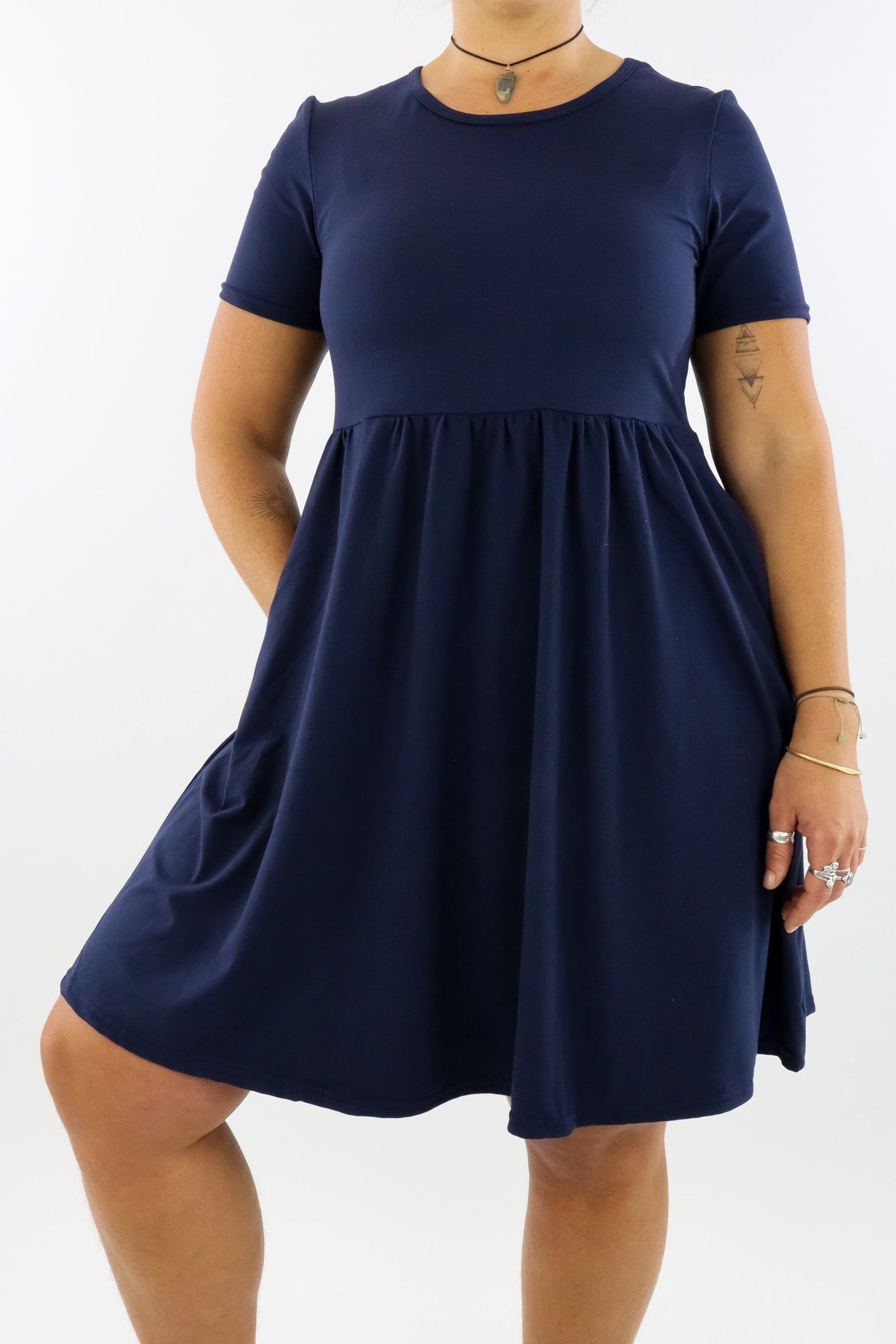 Navy - Short Sleeve Skater Dress - Knee Length - Side Pockets Knee Length Skater Dress Pawlie   