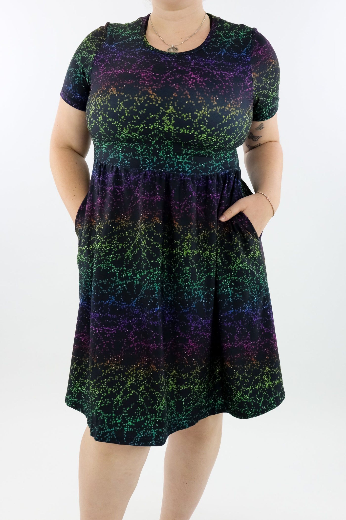 Rainbow Glitter - Short Sleeve Skater Dress - Knee Length - Side Pockets Knee Length Skater Dress Pawlie   