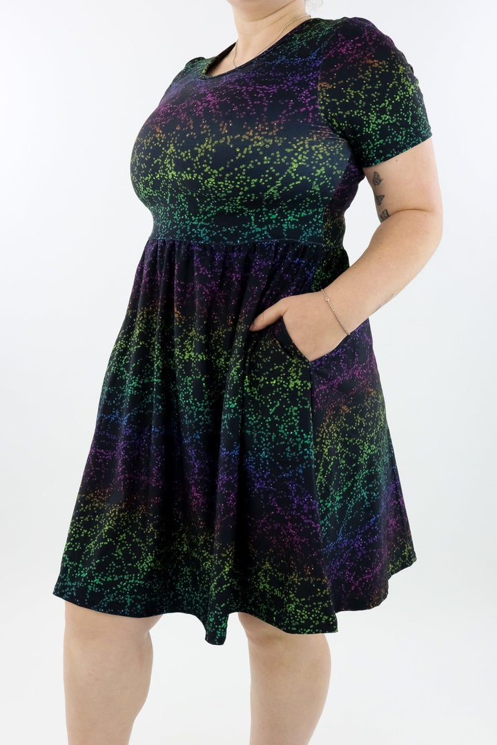 Rainbow Glitter - Short Sleeve Skater Dress - Knee Length - Side Pockets Knee Length Skater Dress Pawlie   